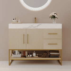 36-inch modern freestanding bathroom vanity with sintered stone top and ceramic sink, front view