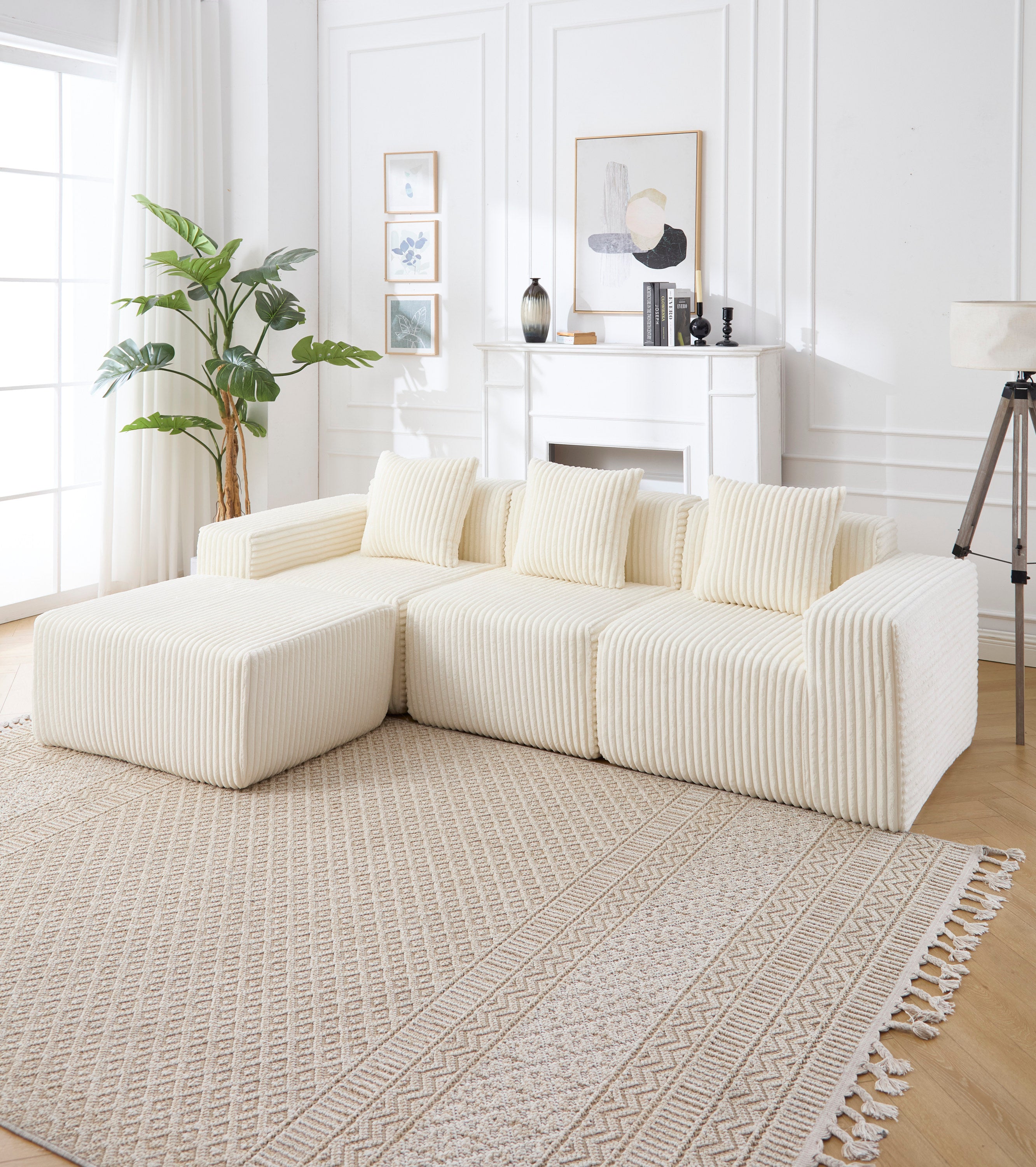 Modern Minimalist Modular Sectional Sofa,  L-Shape Upholstered Cloud Couch with Deep Seats, Right Facing Chaise for Living Room-White