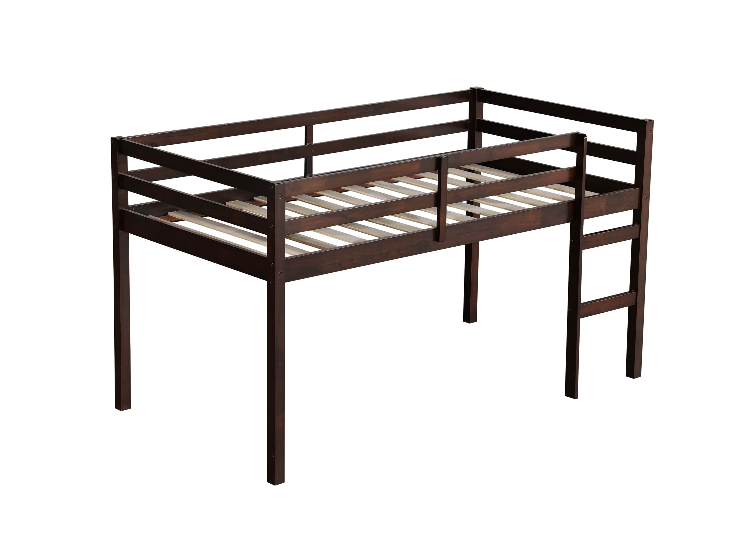 Solid Wooden, Rubber Wooden Twin Loft Bed with Ladder, Bed Platform of Strengthened Slats , Espresso