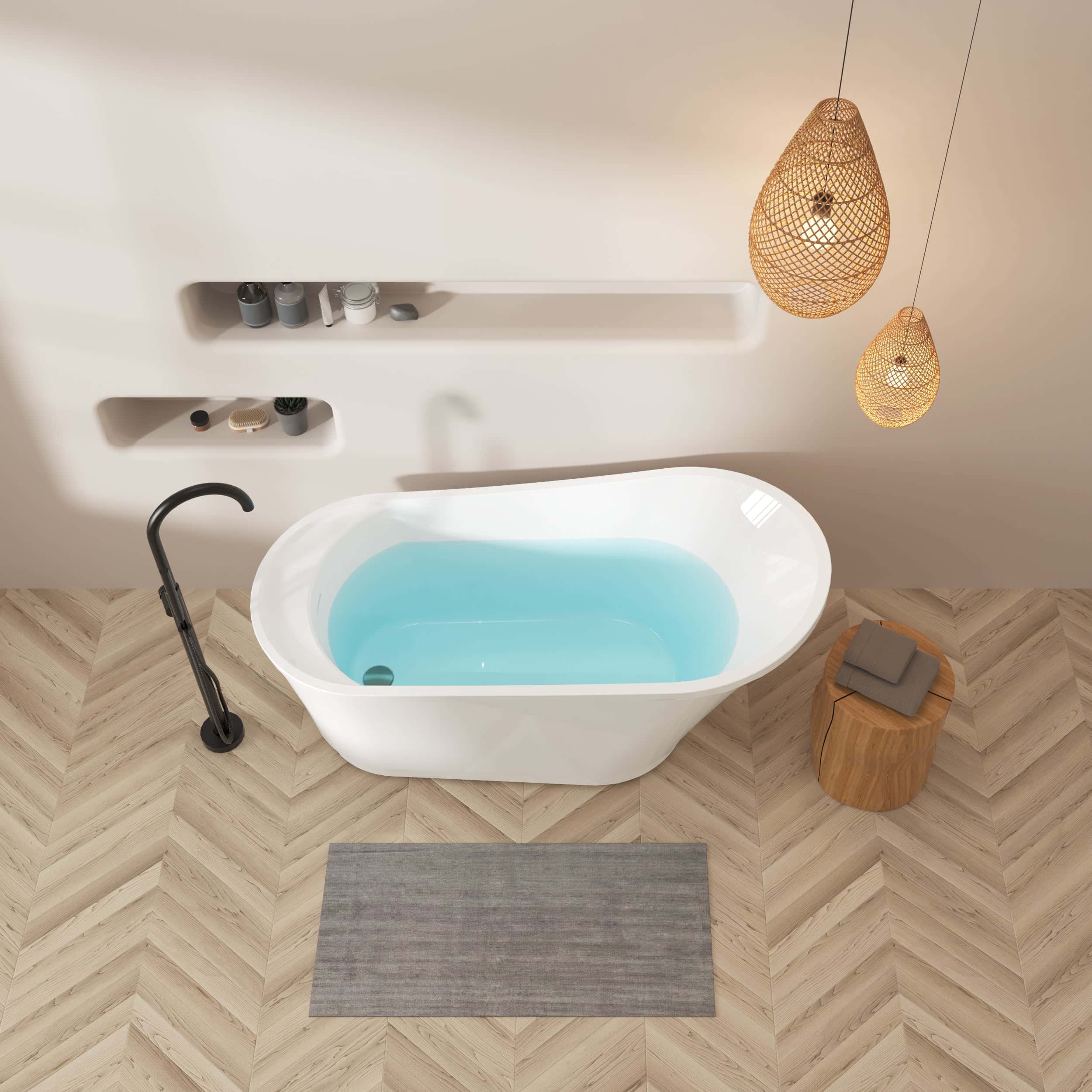 59" Acrylic Freestanding Bathtub, White Modern Stand Alone Soaking Bathtub, Brushed Nickel Drain and Minimalist Linear Design Overflow Included, cUPC Certified, 02568T-BN