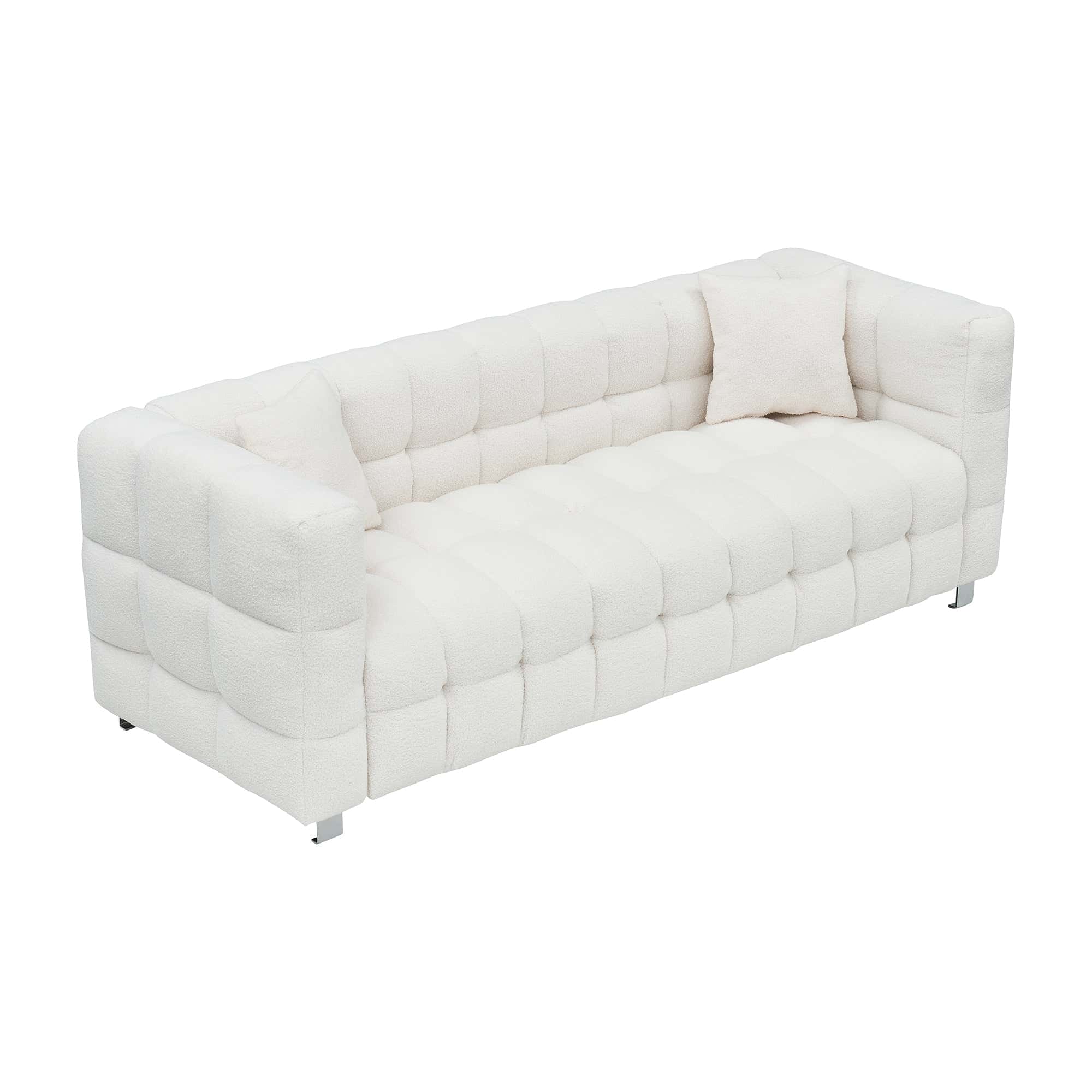 Sophisticated Comfort: Beige White Teddy Plush Sofa - 80 Inch, Perfect for Living Room or Bedroom, Includes Two Throw Pillows and Heavy-Duty Hardware Foot Support