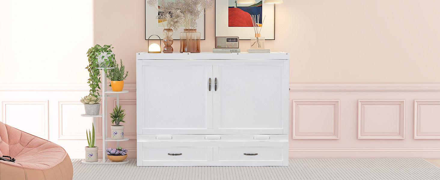 Queen Size Murphy Bed with USB Ports, Large Drawers and Metal Handles, White