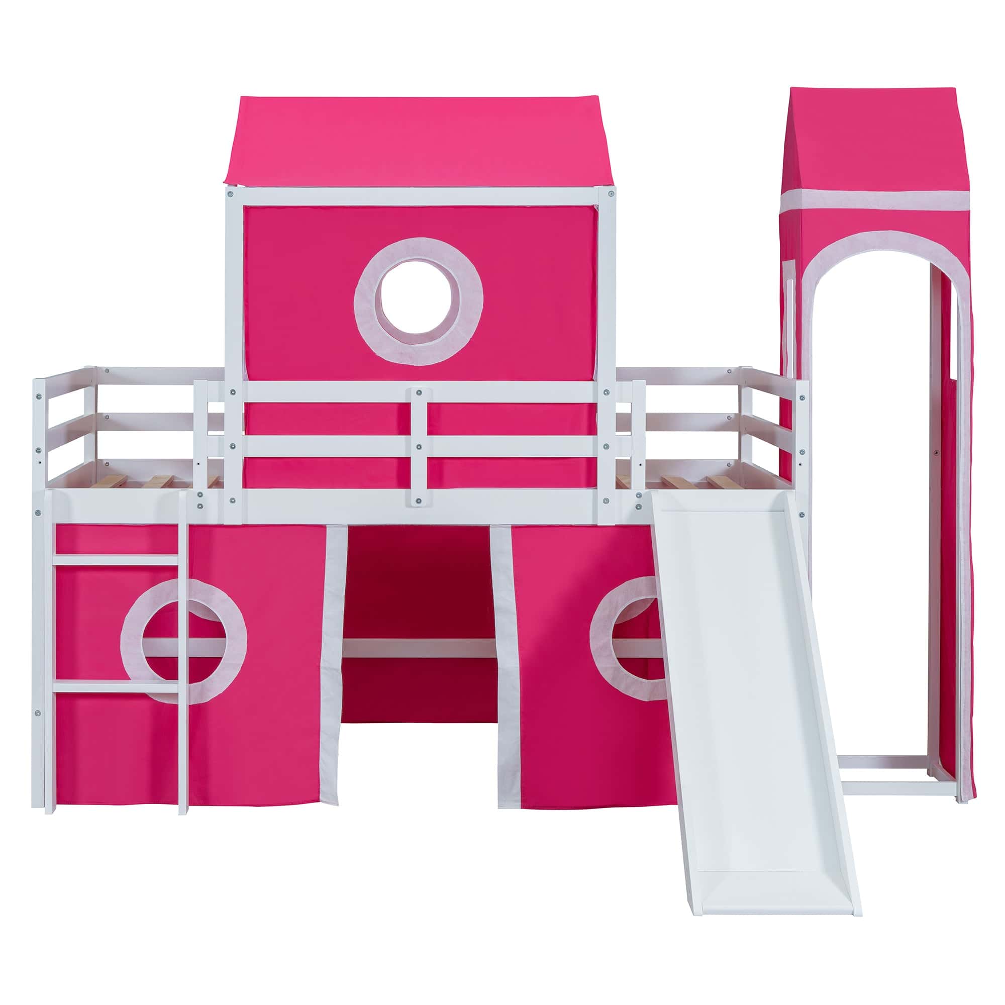 Twin Size Loft  Bed with Slide Pink Tent and Tower - Pink (OLD SKU:WF298769AAH)