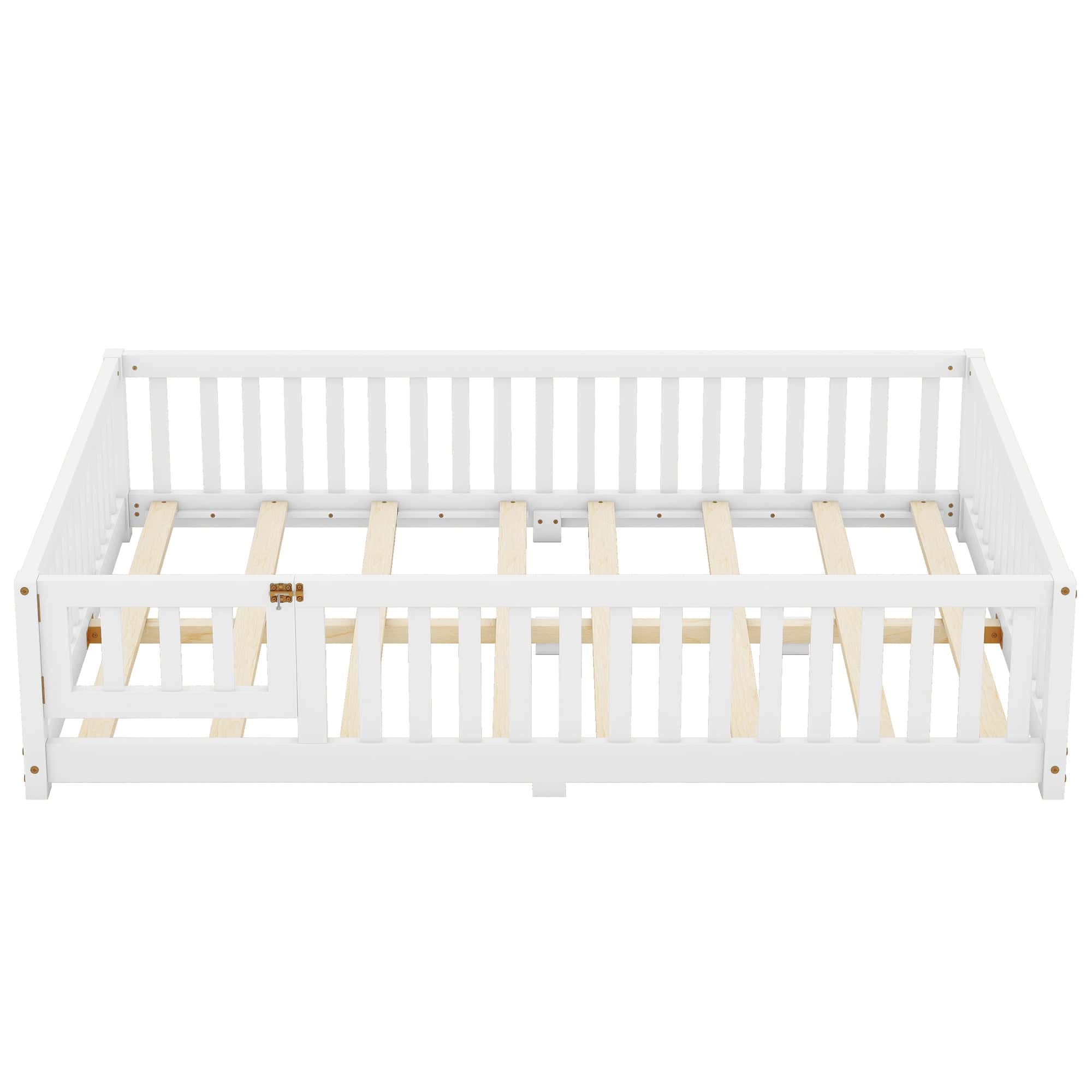 Full Size Bed Floor Bed with Safety Guardrails and Door for Kids, White(Old SKU: W158090689)