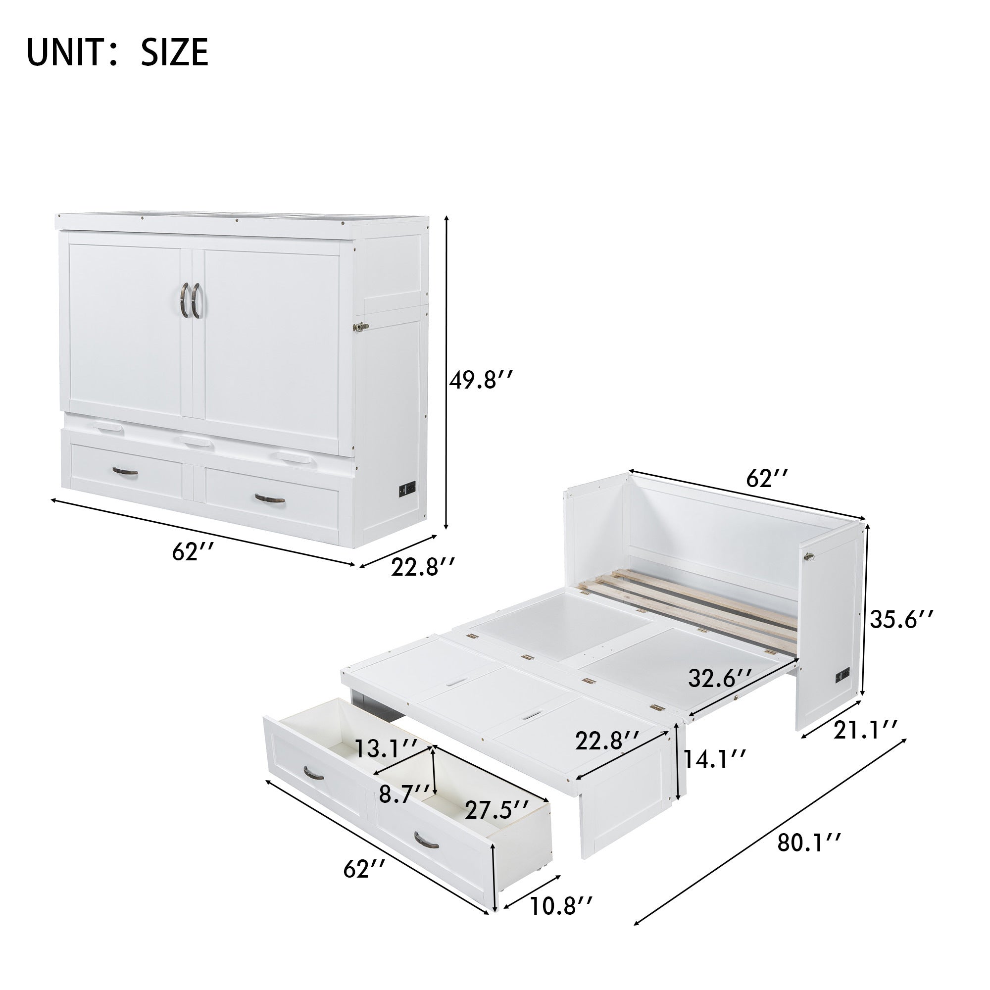 Queen Size Murphy Bed with USB Ports, Large Drawers and Metal Handles, White