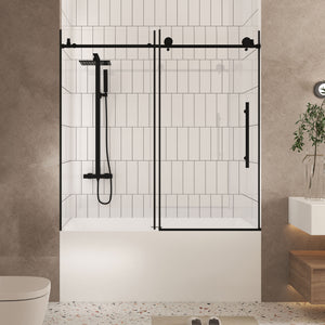Frameless shower door 56-60 inch matte black front view