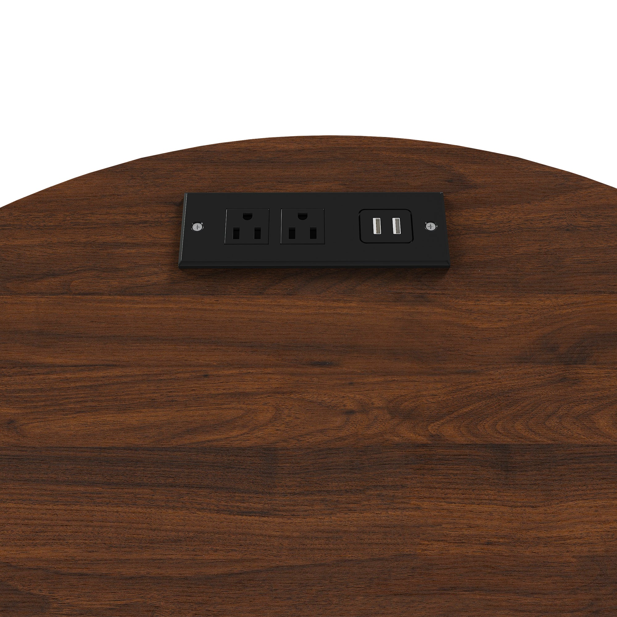 Walnut round nightstand top surface with charging station, angled view