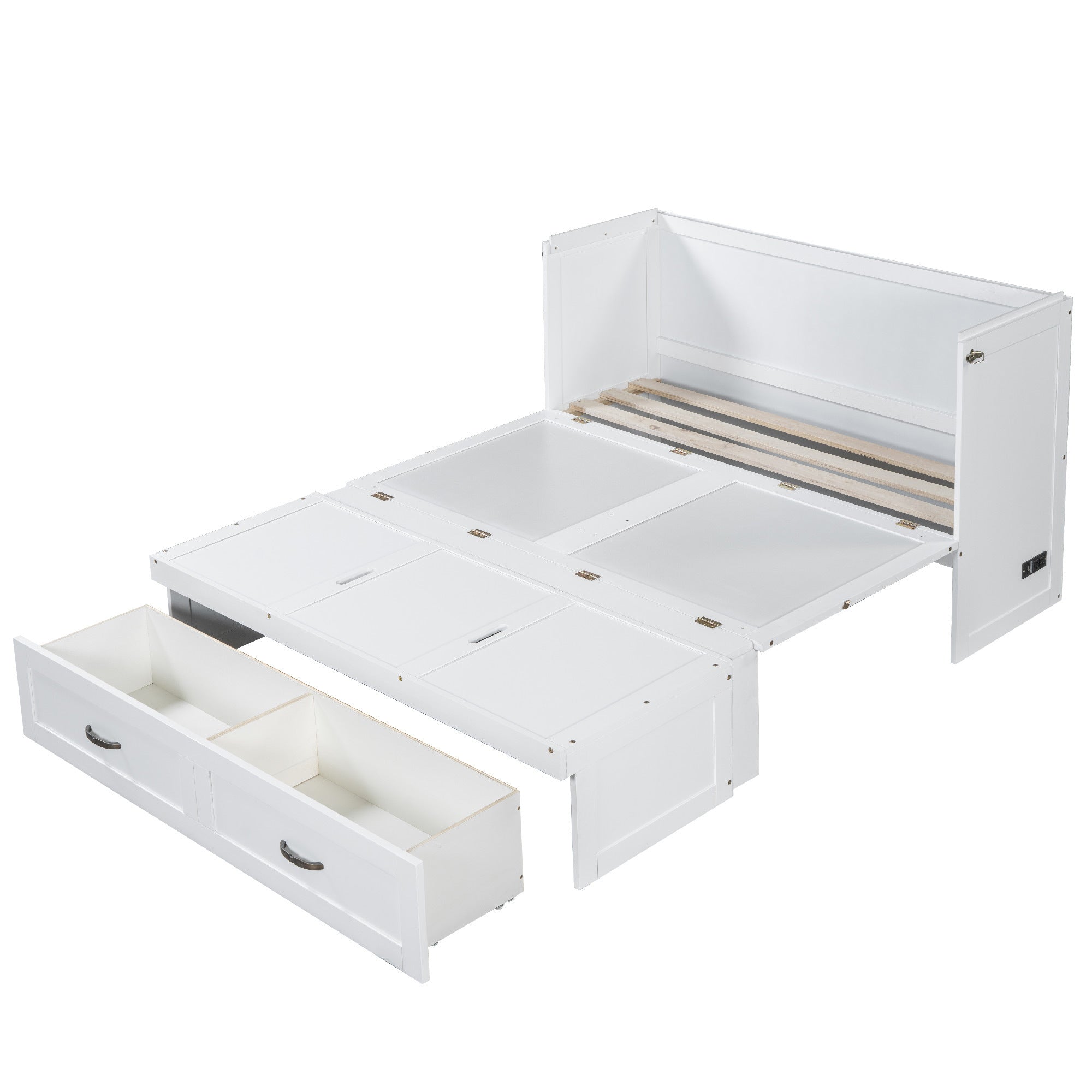 Queen Size Murphy Bed with USB Ports, Large Drawers and Metal Handles, White