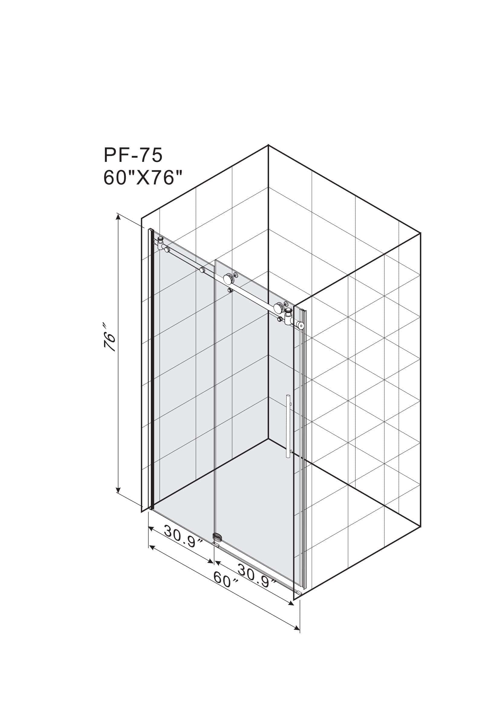 Frameless Shower Doors 60"W x 76"H with 3/8"(10mm) Clear Tempered Glass, Brushed Nicel Finish