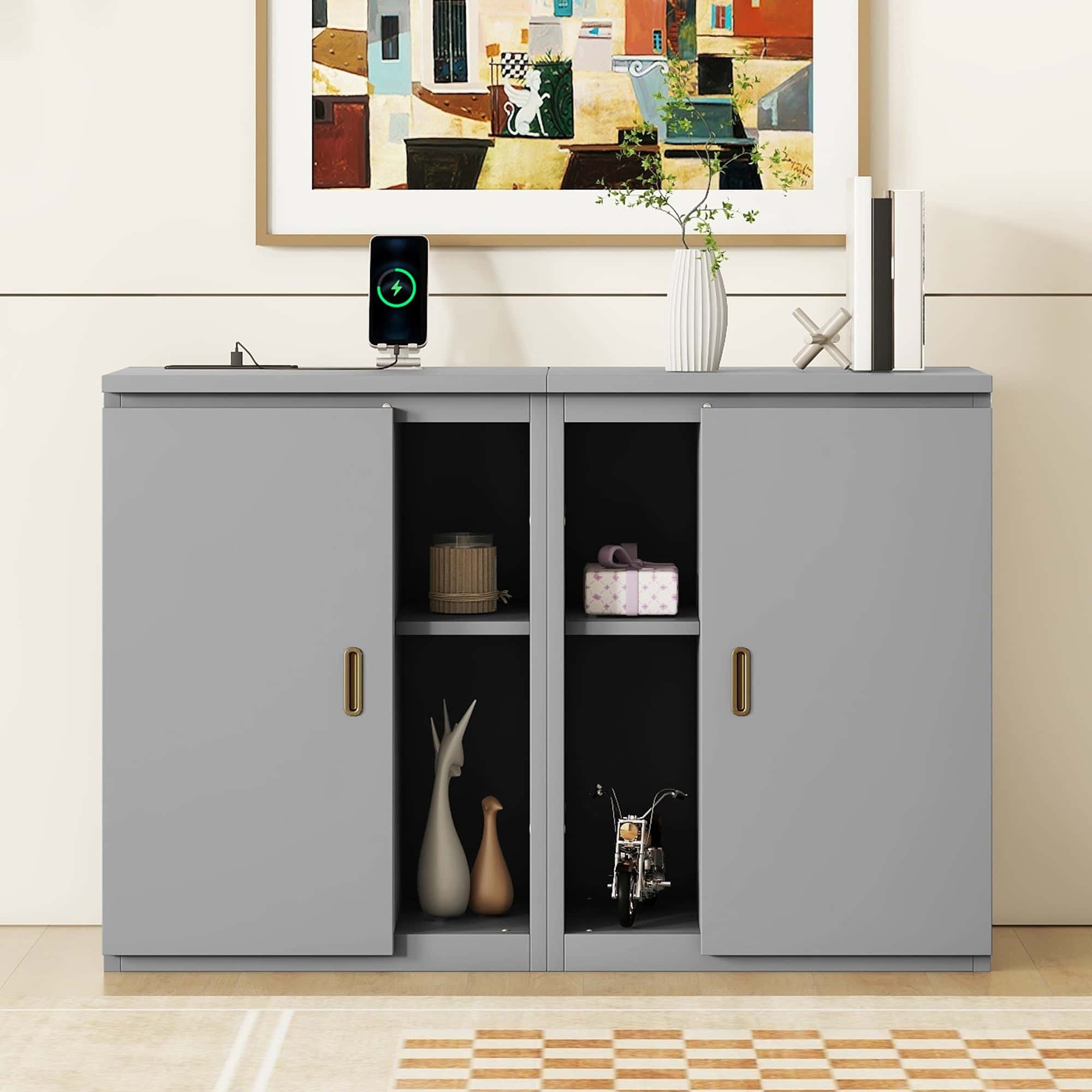 Full Size Murphy Bed with Shelves, Cabinets and USB Ports,Gray