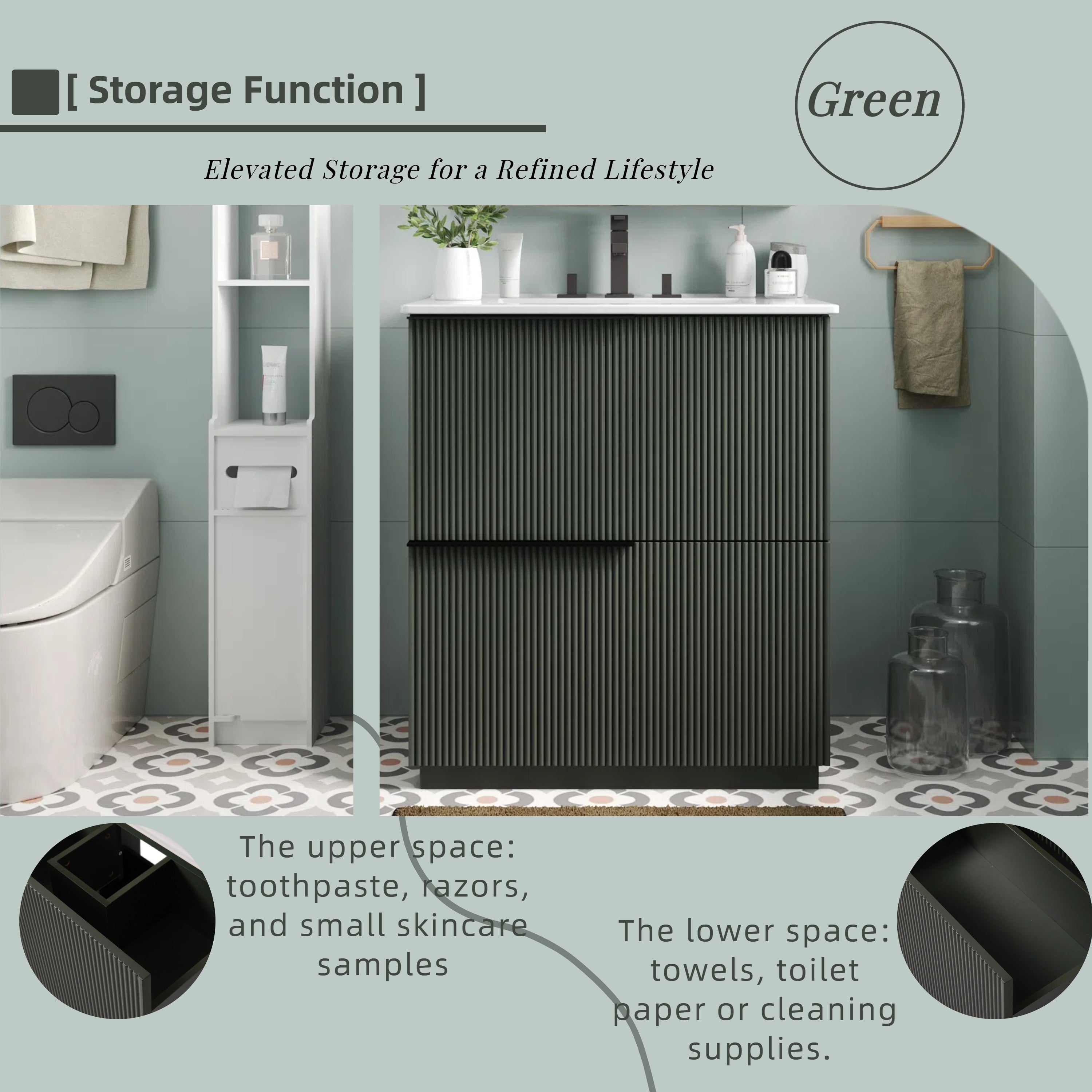 30-inch green fluted vanity side profile with fluted cabinet front