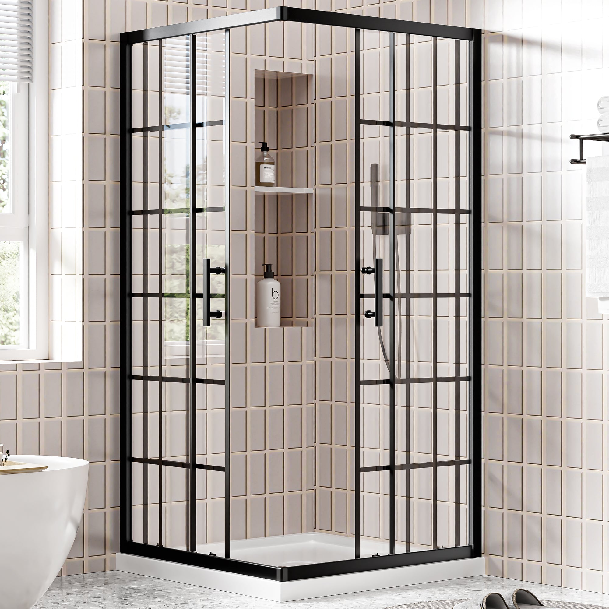 36 x 36 x 72 in Grid-Pattern Corner Shower Enclosure - 36 x 36 x 72 in / Matte Black / Grid Glass view 2