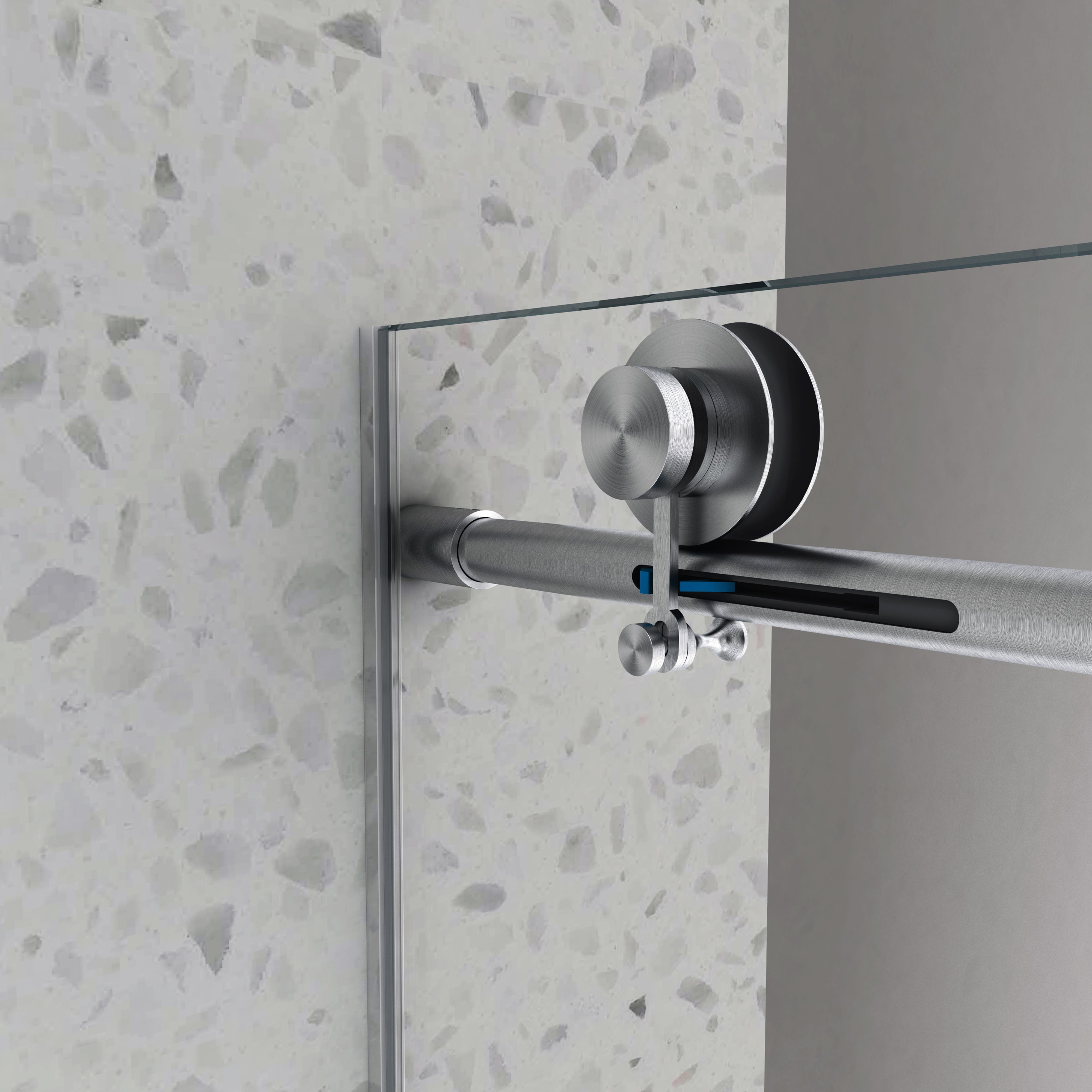 Soft-close bypass shower door detail view 2