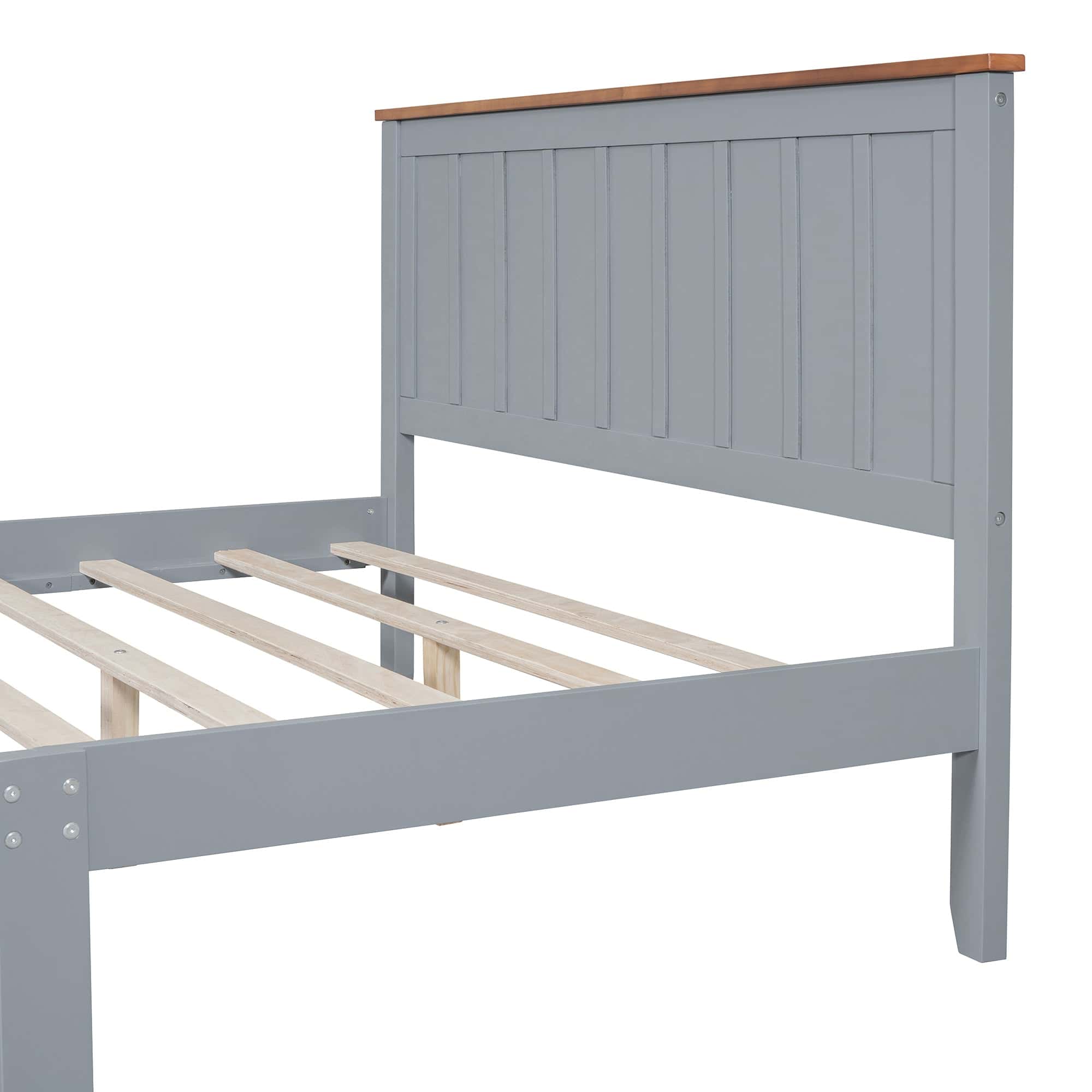 Queen Size Wood Platform Bed Wooden Slat Support, Vintage Simple Bed Frame with Rectangular Headboard and Footboard, Grey