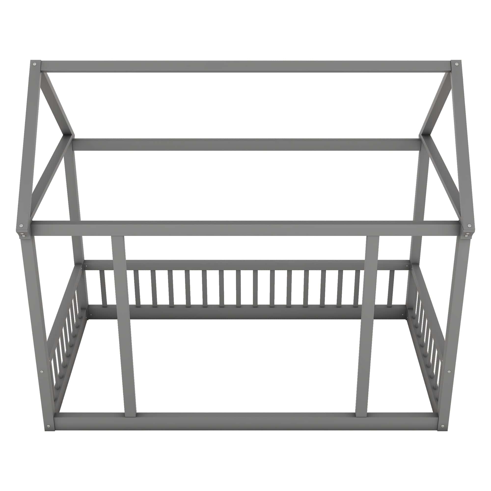 Twin Size Floor Wooden Bed with House Roof Frame and Safety Guardrails ,Gray