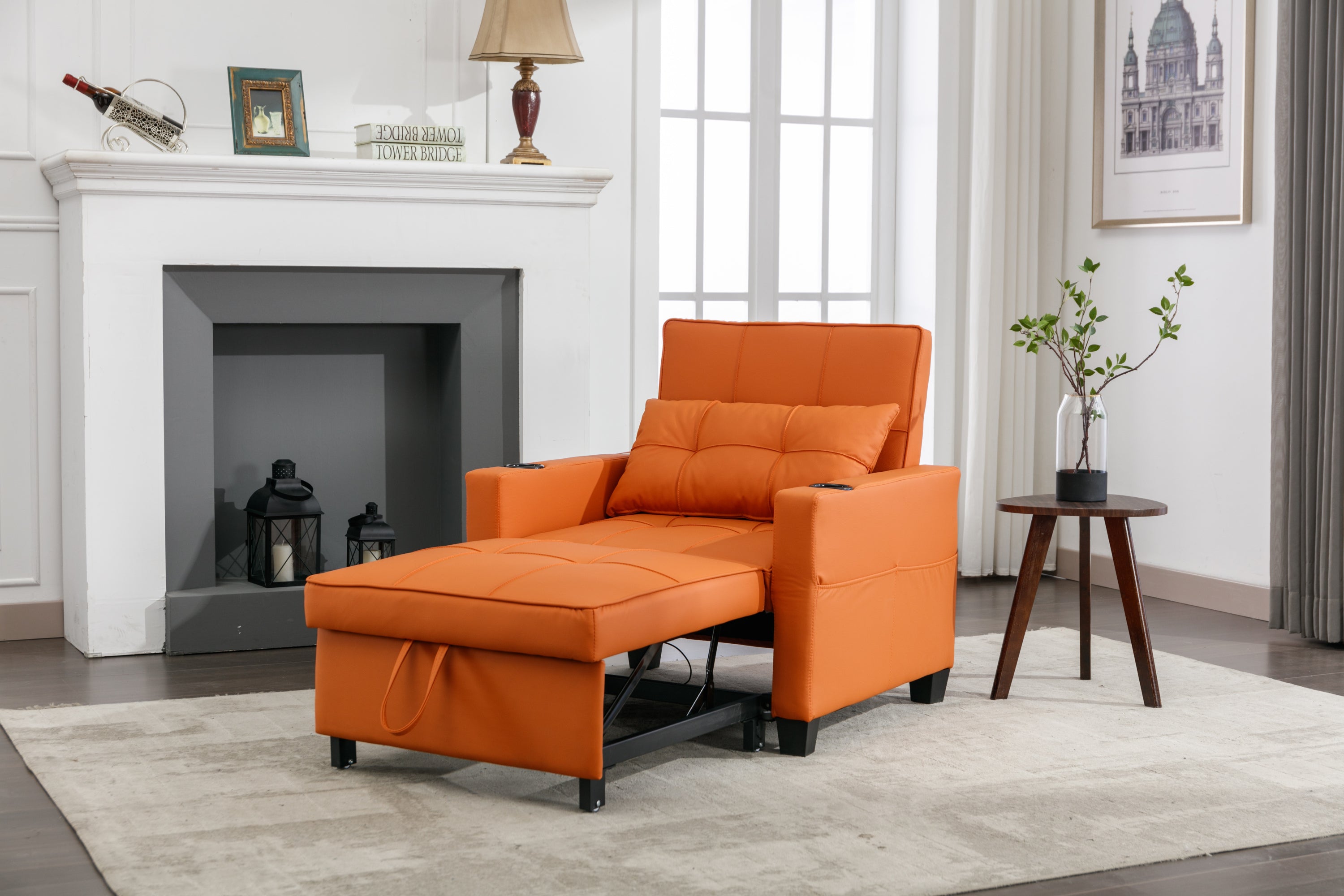 Futon Chair Bed Convertible Chair 3-in-1 Pull Out Sleeper Chair Beds with USB Ports,Wear-resistant and Anti-scratch, Armchair Bed Sleeper for Living Room (Orange Leather)