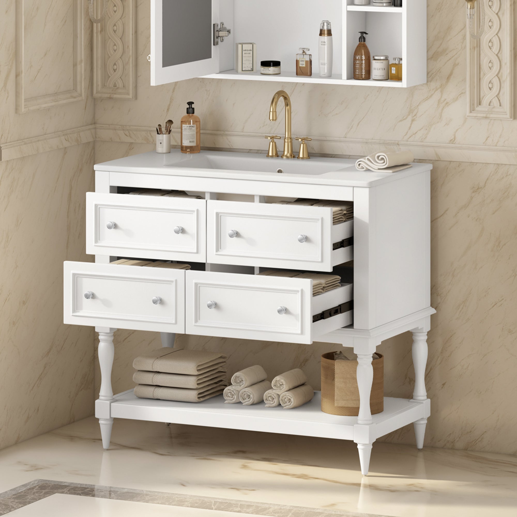 White freestanding bathroom vanity undermount ceramic sink, top counter view