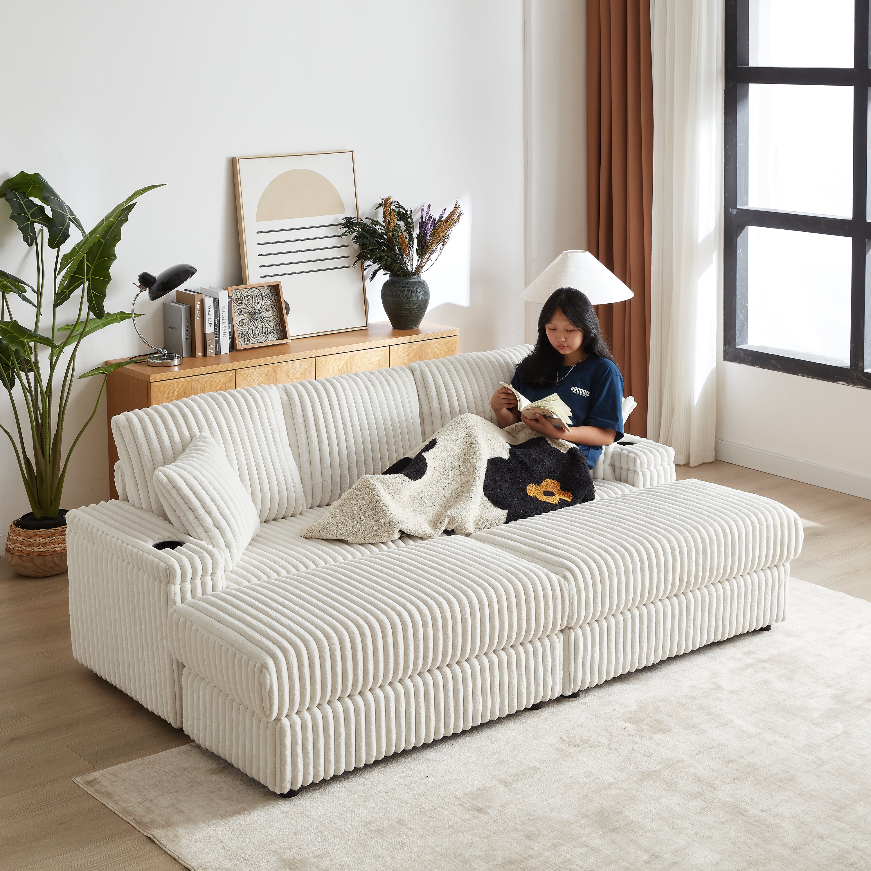 84Inch Corduroy 3-seater sofa With 3 back pillows ,2 toss pillows , a ottoman ,2storage spaces and cup-holding grooves Comfy Sofa- Deep Seat Couch for Living Room