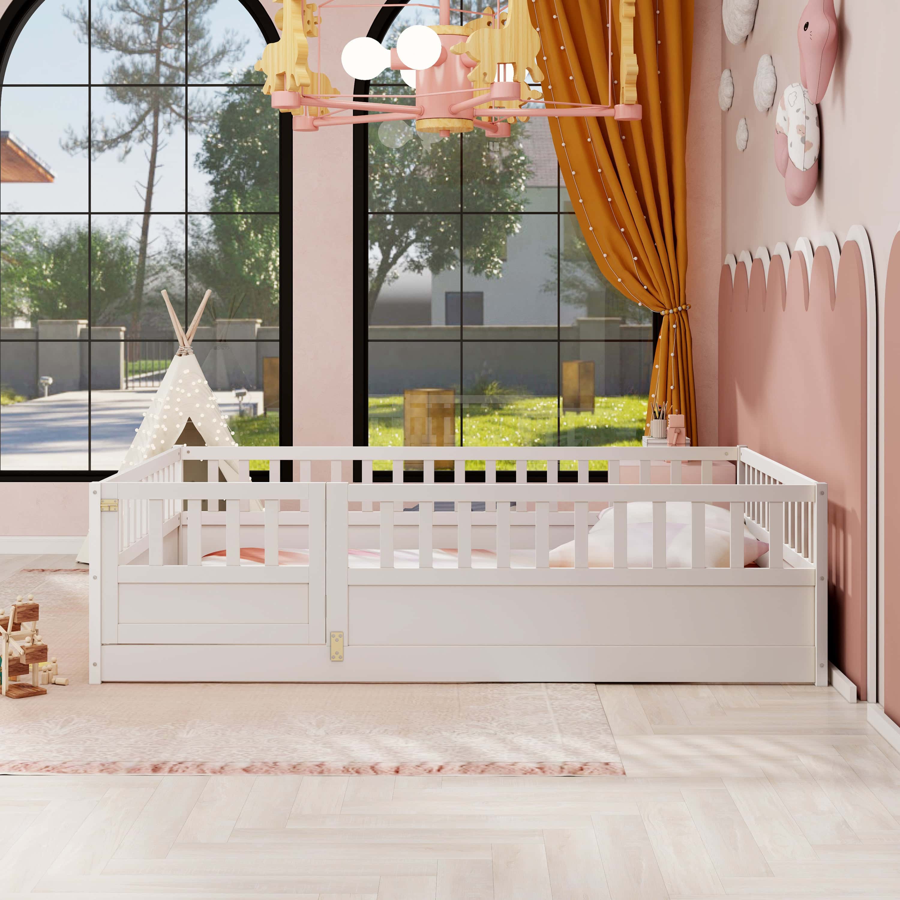 Full size Floor bed, integral construction with super high security barrier, door, children's floor bed frame, Montessori wooden children's floor bed, white