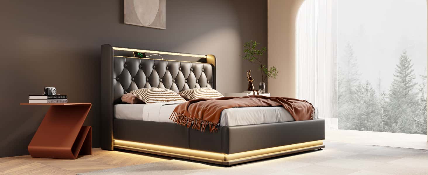 Queen size Upholstered bed, 360 surround LED function, Buttons/Apps/Remote Control, hydraulic storage bed with USB Type-C charging, Black,PU (Without mattress)