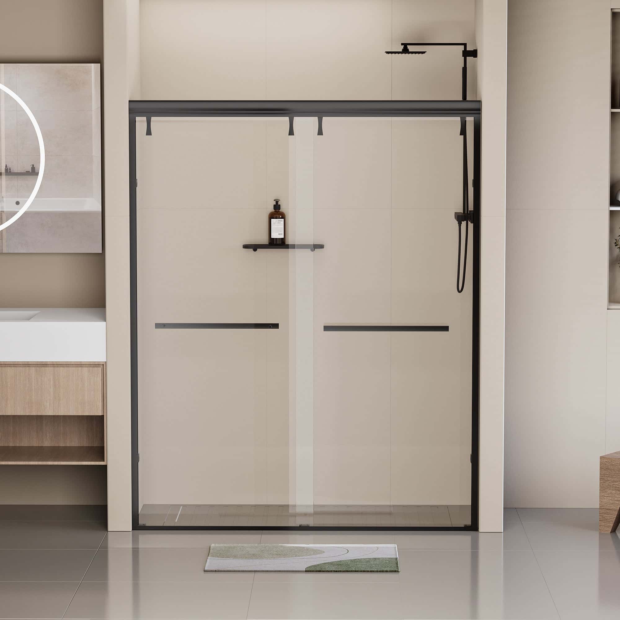 Semi-Frameless Shower Door, Double Sliding Shower Door, 44-48"W x 76"H  5/16" (8mm) Clear Tempered Glass Shower Door with Explosion-Proof Film, Matte Black 24D212-48MB