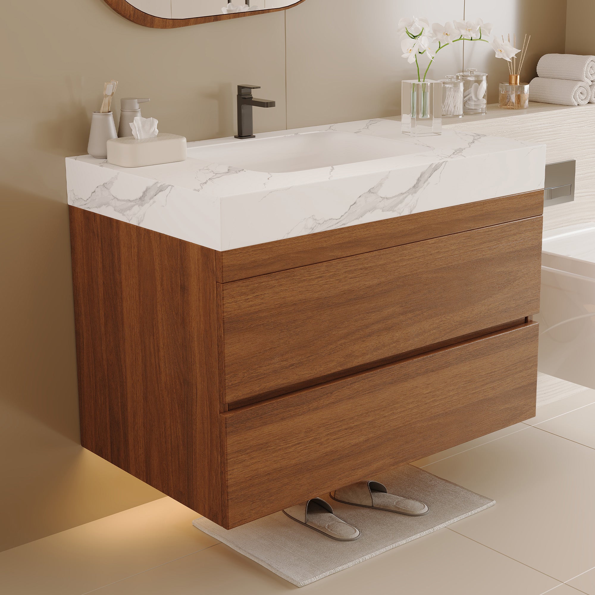 29.9 inch modern floating bathroom vanity faux marble top in small bathroom setting