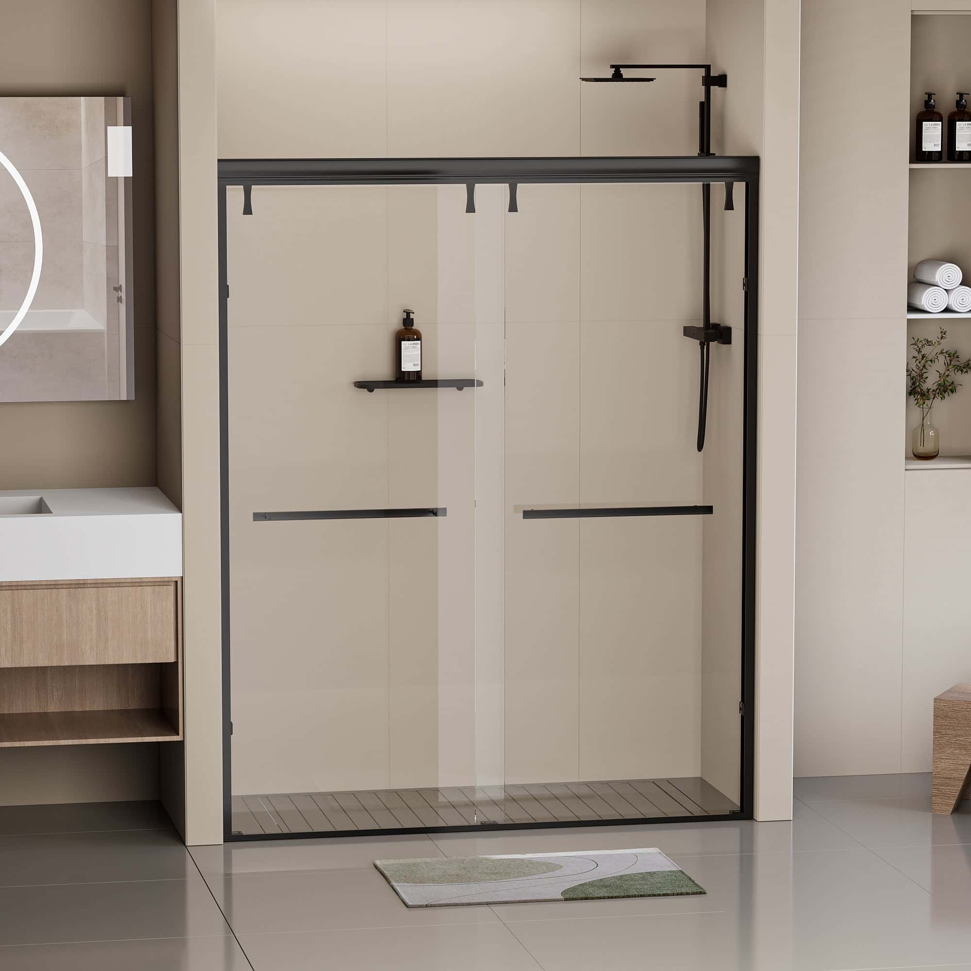 Semi-Frameless Shower Door, Double Sliding Shower Door, 44-48"W x 76"H  5/16" (8mm) Clear Tempered Glass Shower Door with Explosion-Proof Film, Matte Black 24D212-48MB