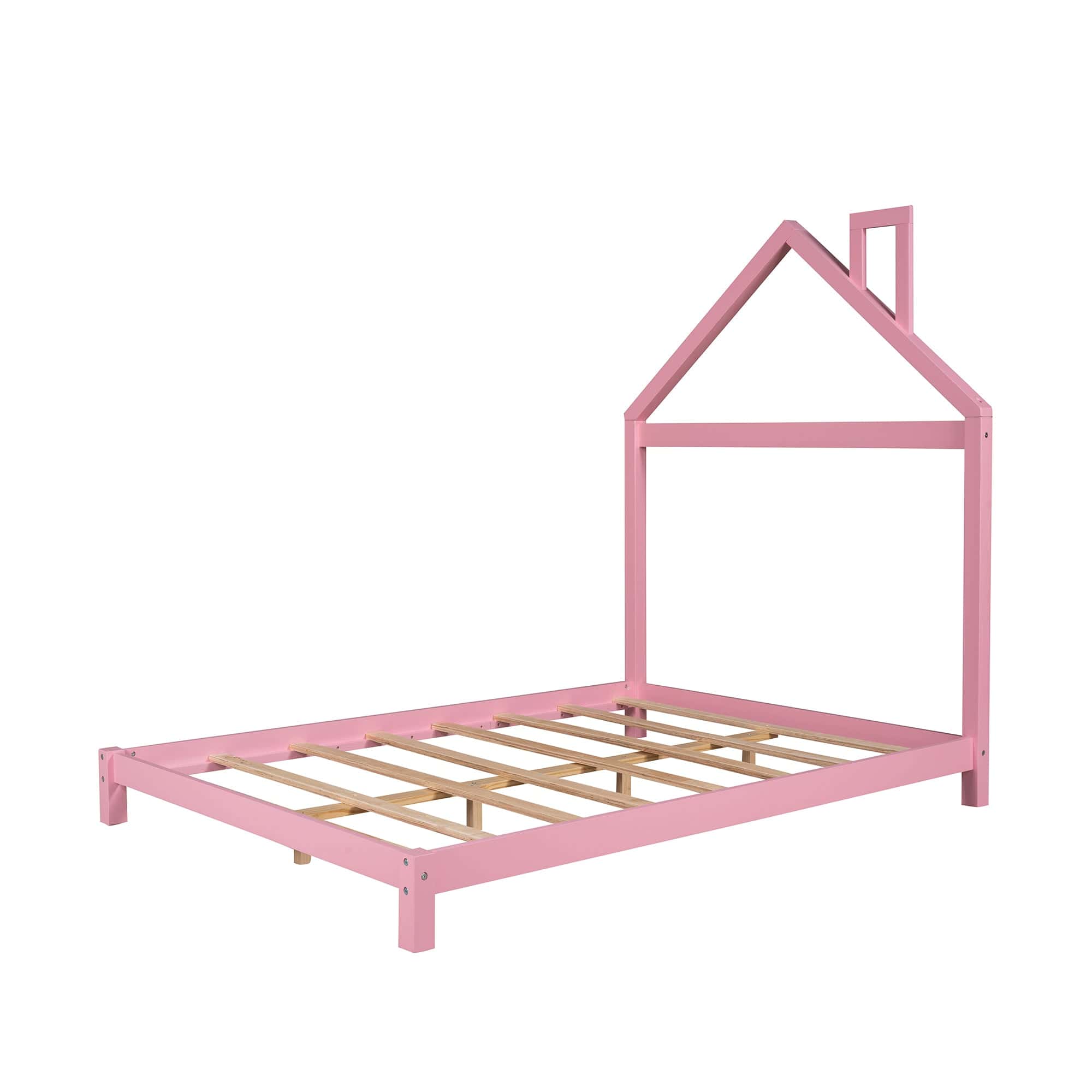 Full Size Wood Platform Bed with House-shaped Headboard (Pink)