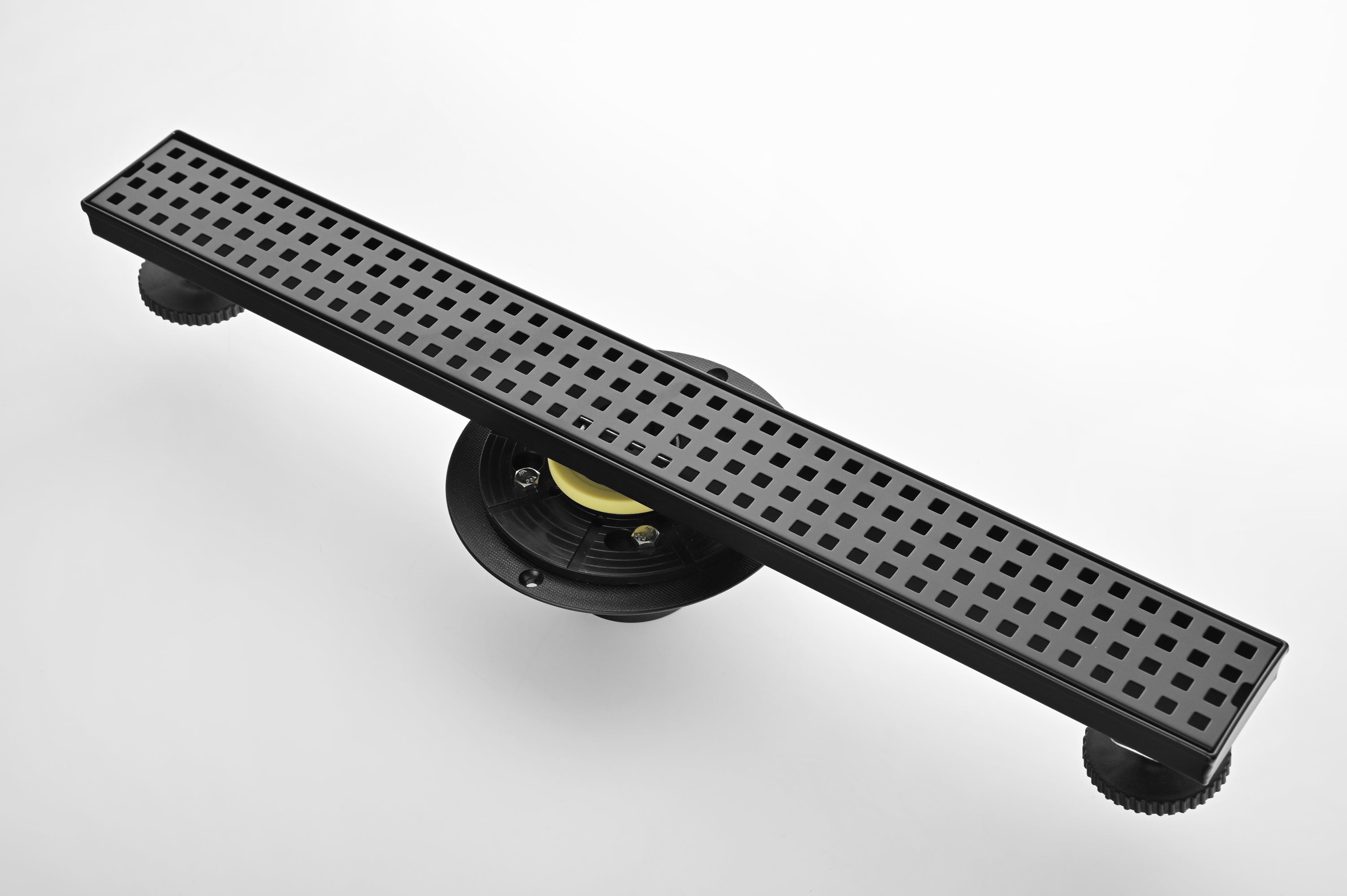 24 Inches Linear Shower Drain with Removable Quadrato Pattern Grate, 304 Stainless Shower Drain Included Hair Strainer and Leveling Feet, Flange