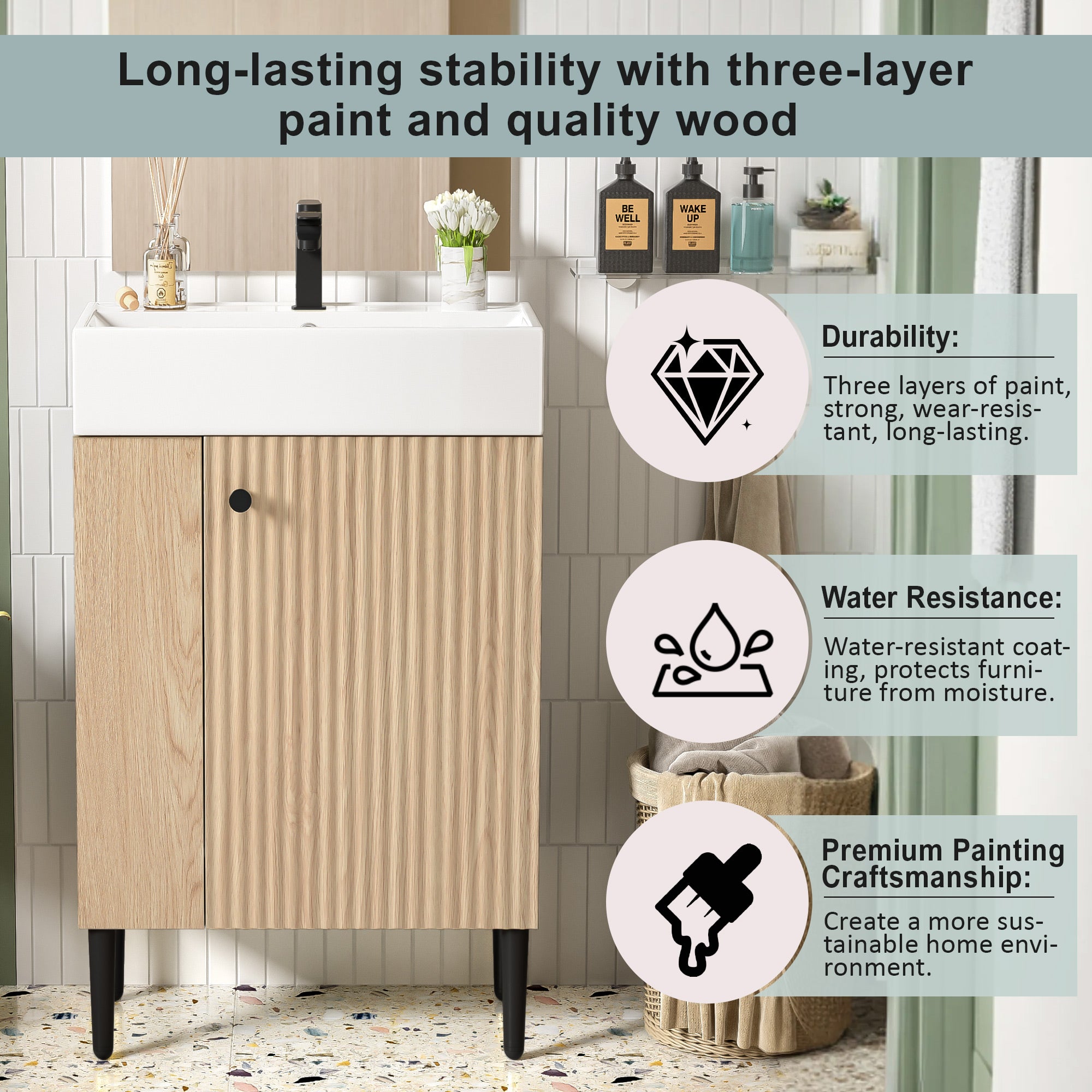 21.6 inch bathroom vanity with left-side storage cabinet, side view