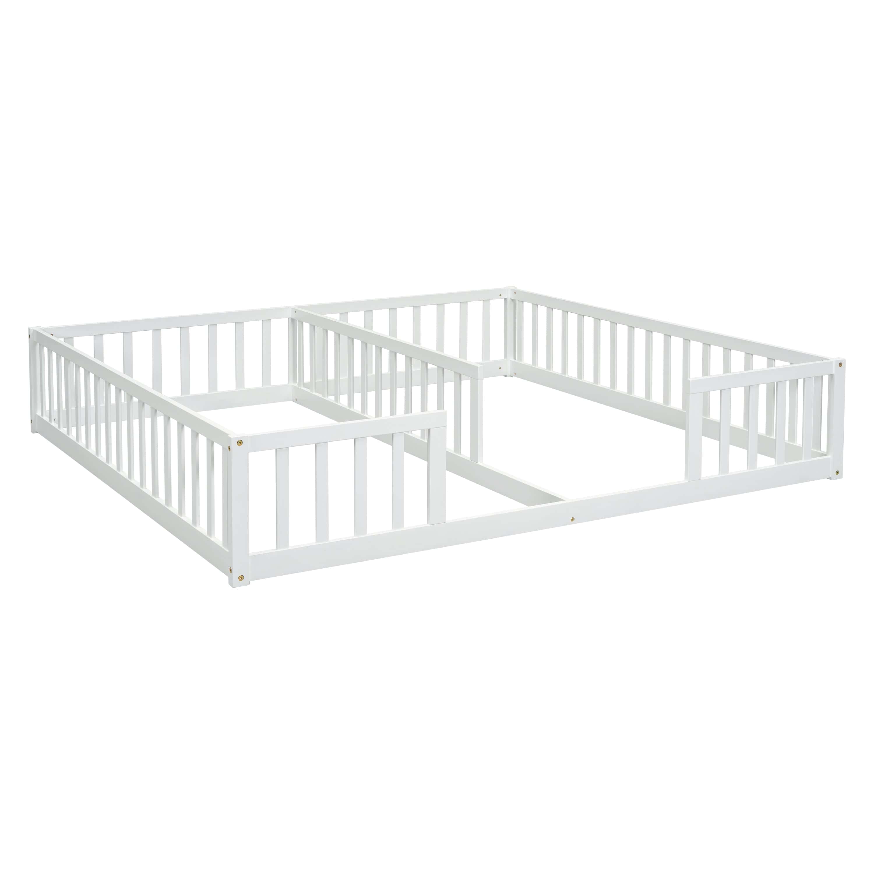 Double Twin Floor Bed with Fence, Guardrails, without door, White
