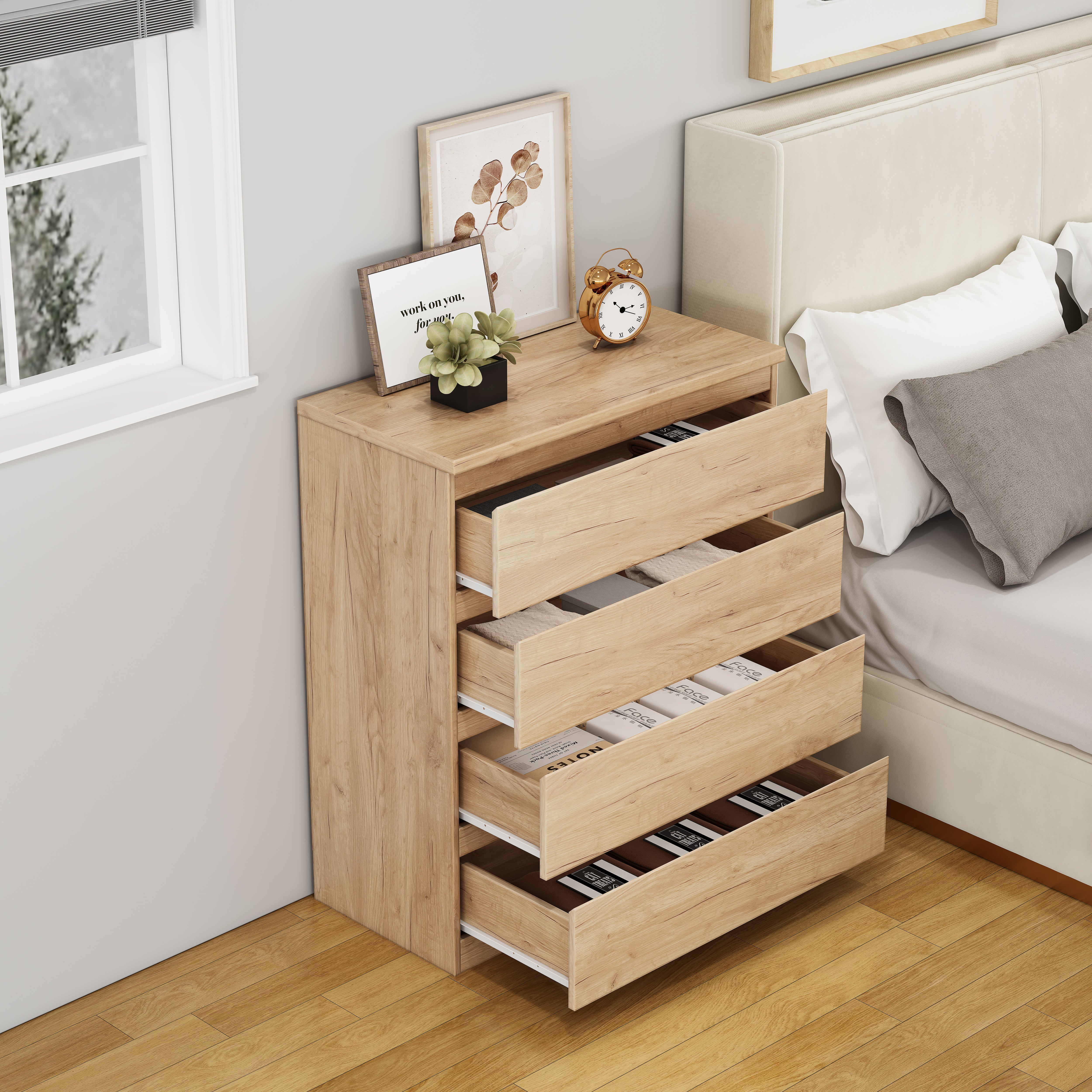 Natural handle-free 4-drawer chest, recessed pull detail