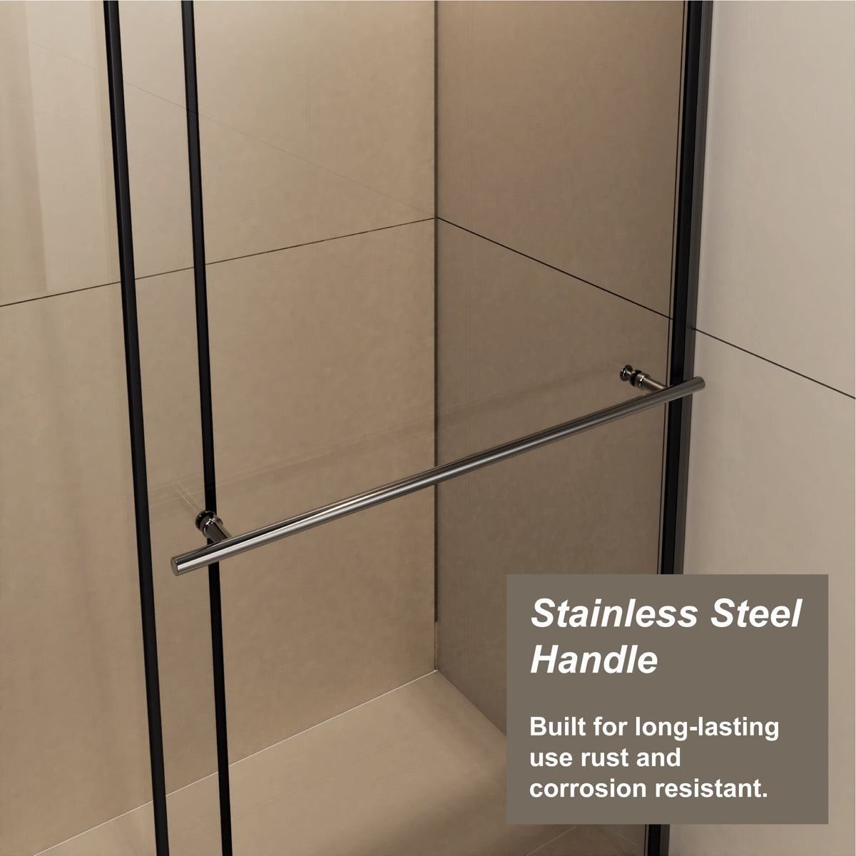 Matte black shower door stainless steel handle detail