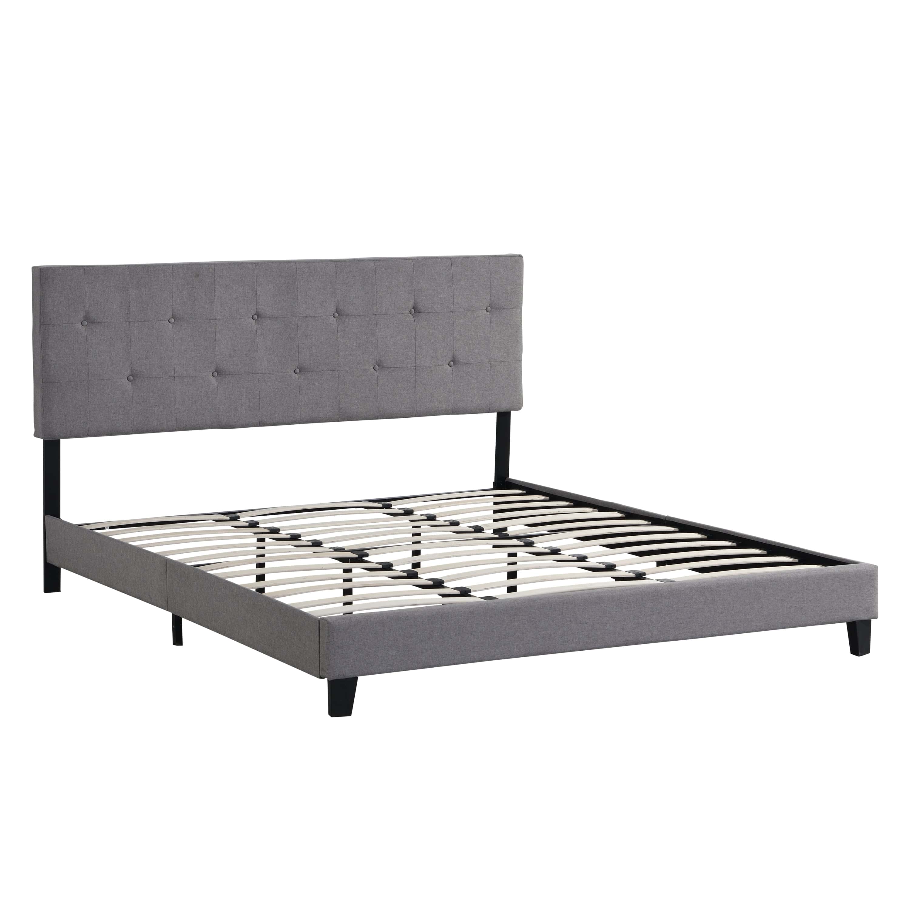King Size Upholstered Platform Bed Frame with Button Tufted Linen Fabric Headboard, No Box Spring Needed, Wood Slat Support, Easy Assembly, Gray