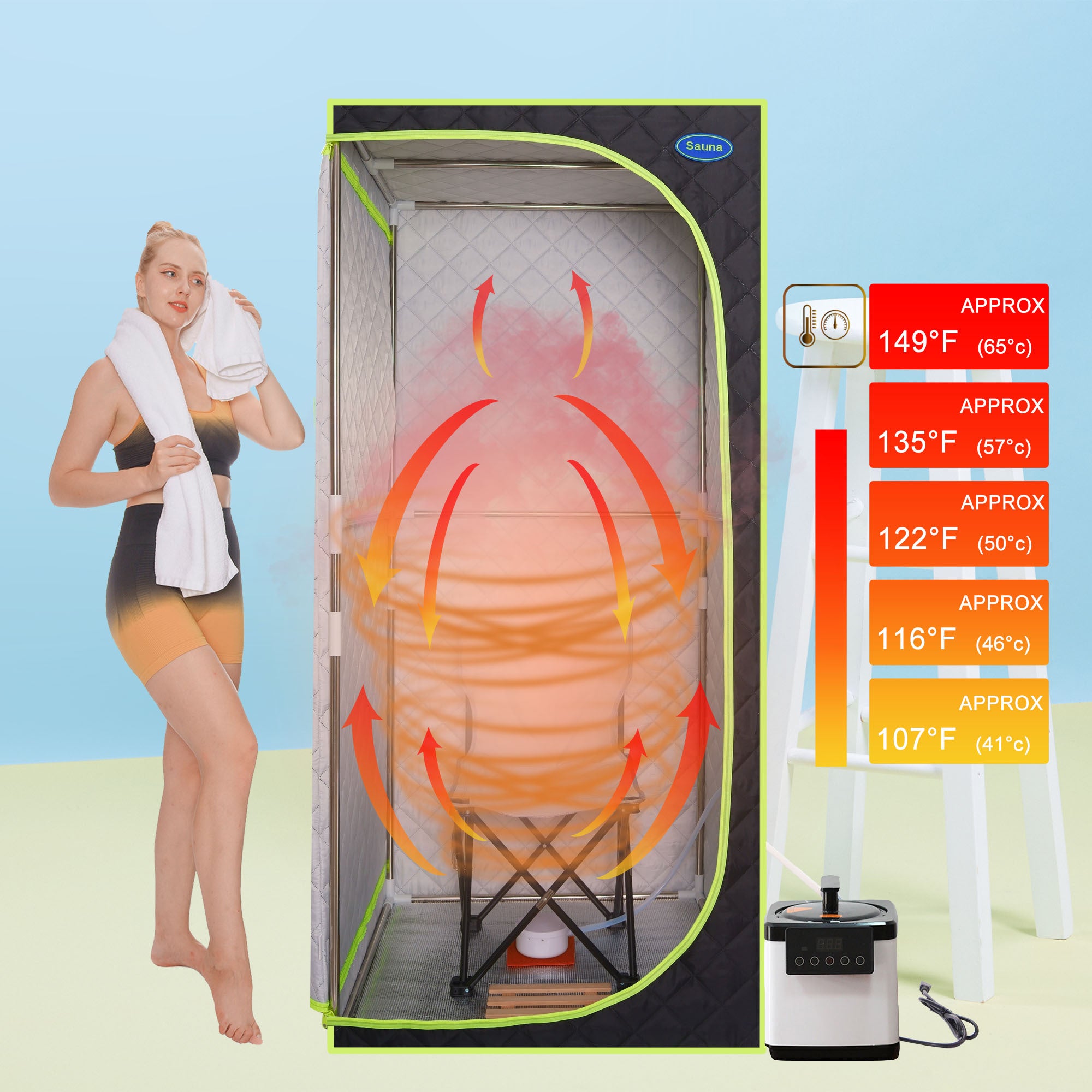 Portable Plus Type Full Size Steam Sauna tent. Spa, Detox ,Therapy and Relaxation at home.Larger Space,Stainless Steel Pipes Connector Easy to Install, with FCC Certification--Black(Green binding)