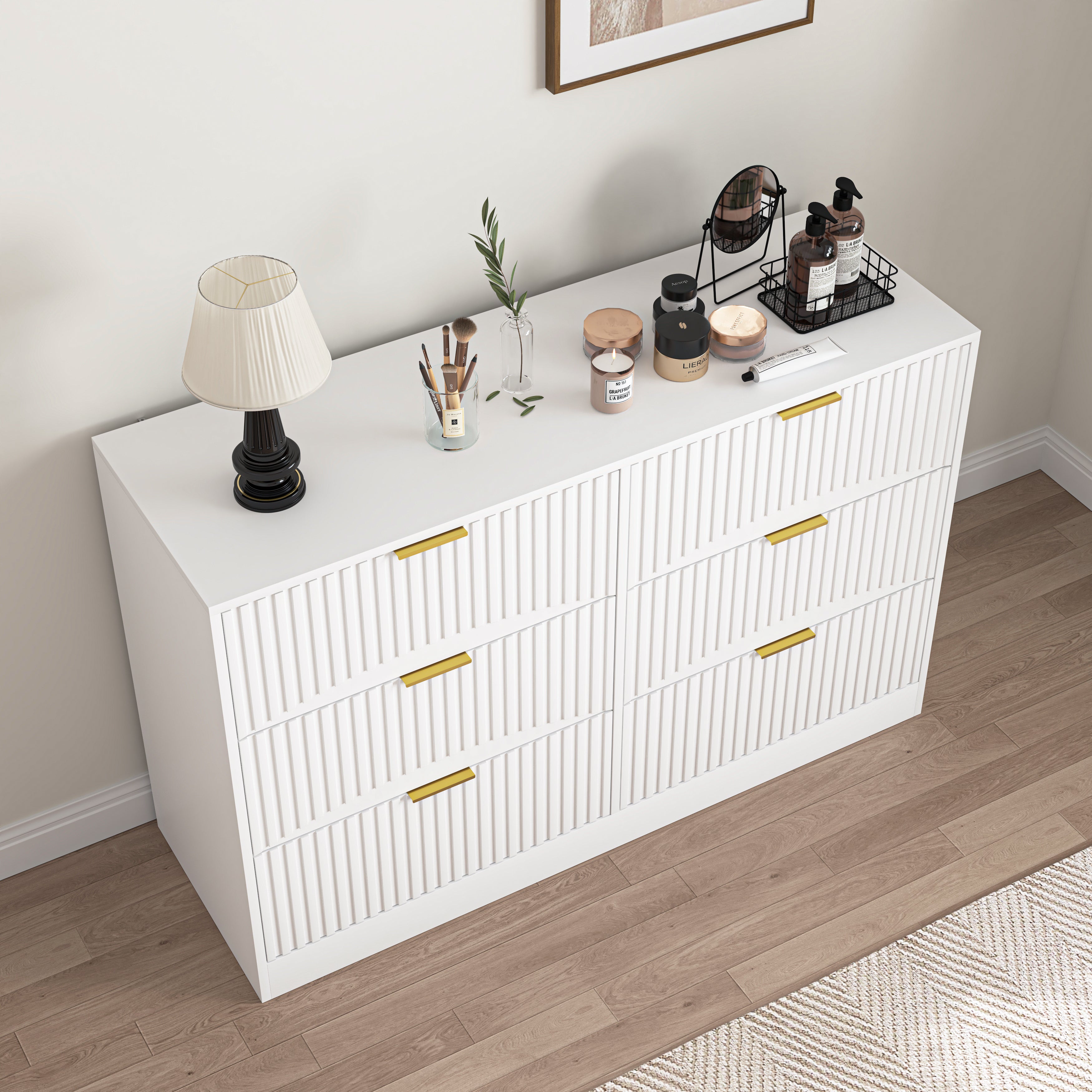 White 6-drawer storage cabinet, modern wavy-front dresser side profile