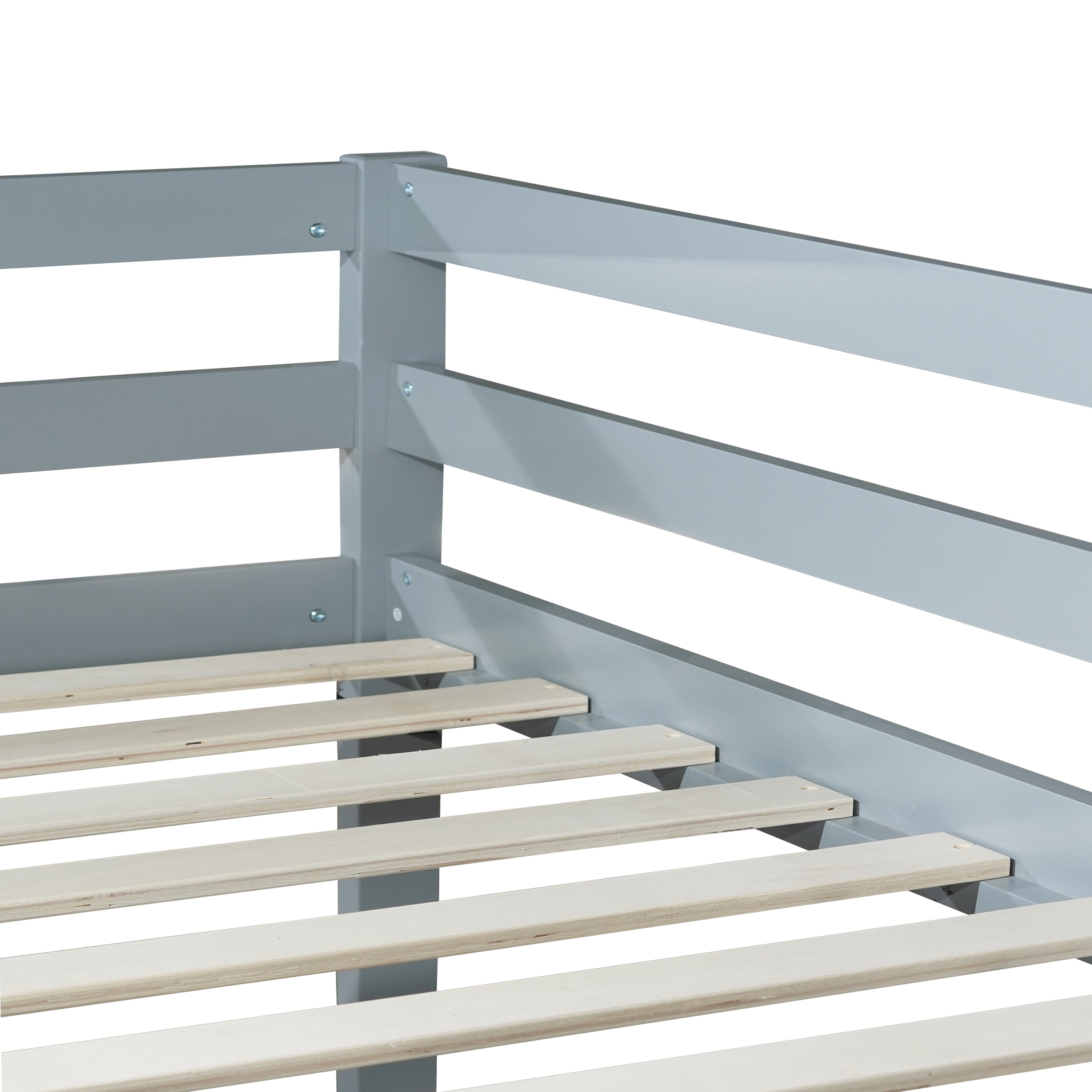 Twin over twin grey wood bunk bed ladder detail