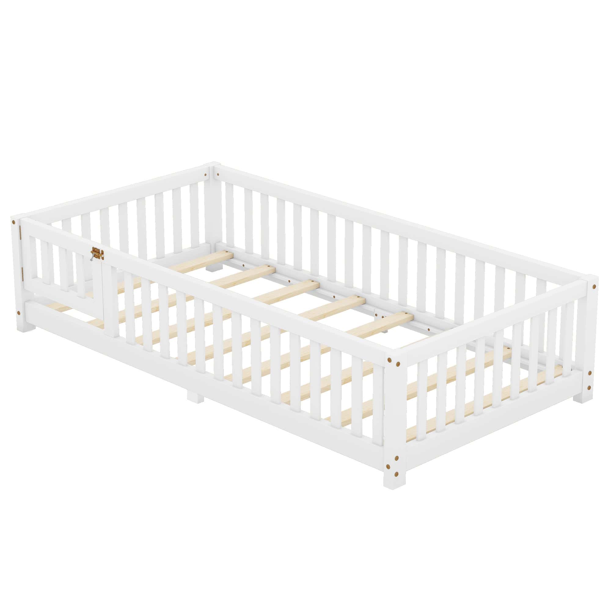 Twin Size Bed Floor Bed with Safety Guardrails and Door for Kids, White(Old SKU:W158090683)