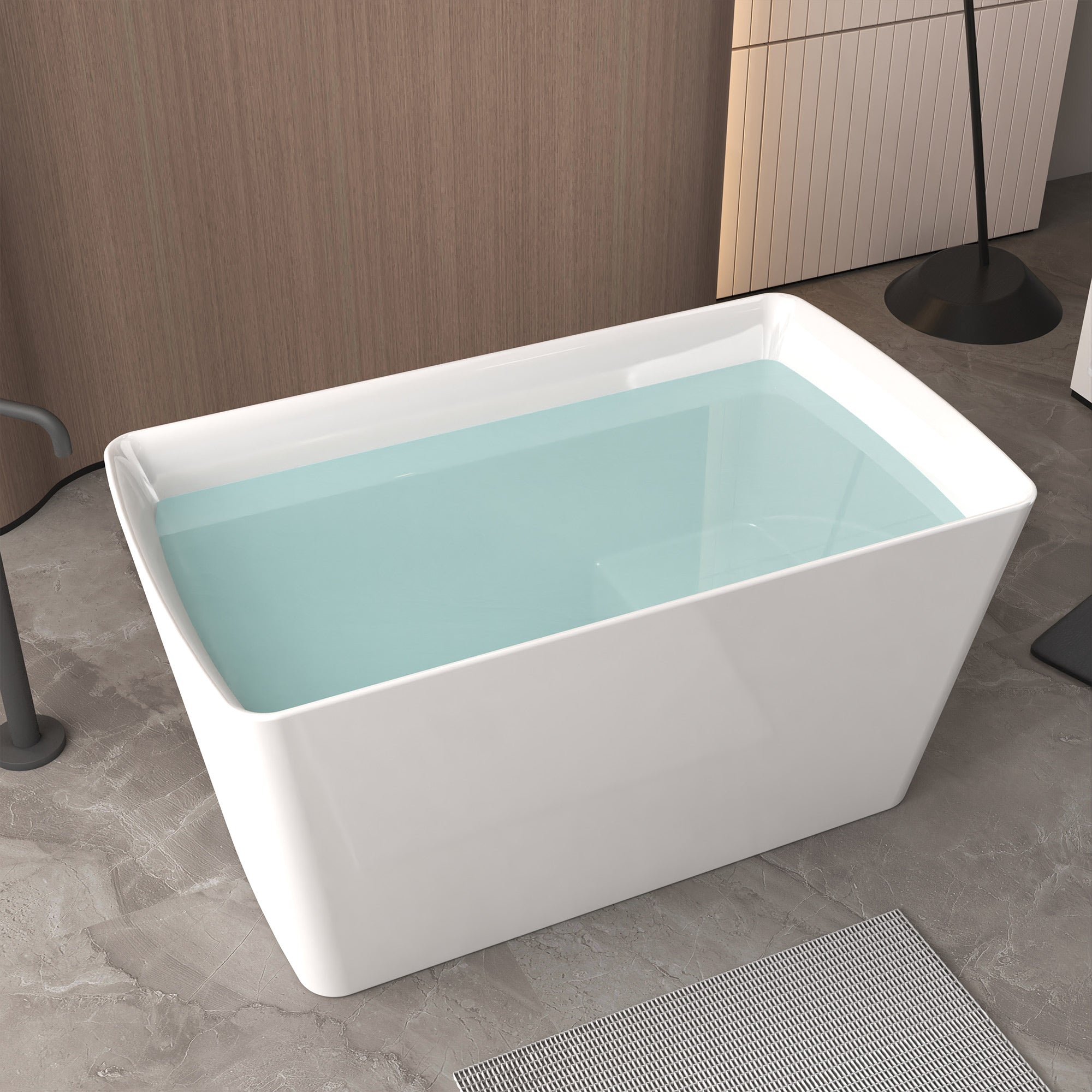 Acrylic freestanding bathtub gloss white interior with built-in seat