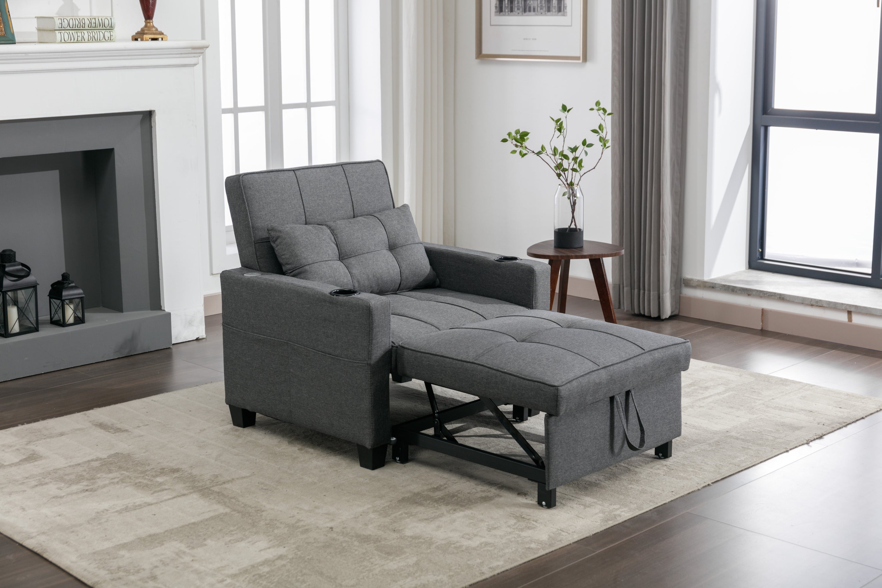 Futon Chair Bed Convertible Chair 3-in-1 Pull Out Sleeper Chair Beds with USB Ports,Wear-resistant and Anti-scratch, Armchair Bed Sleeper for Living Room (Dark Grey Linen)