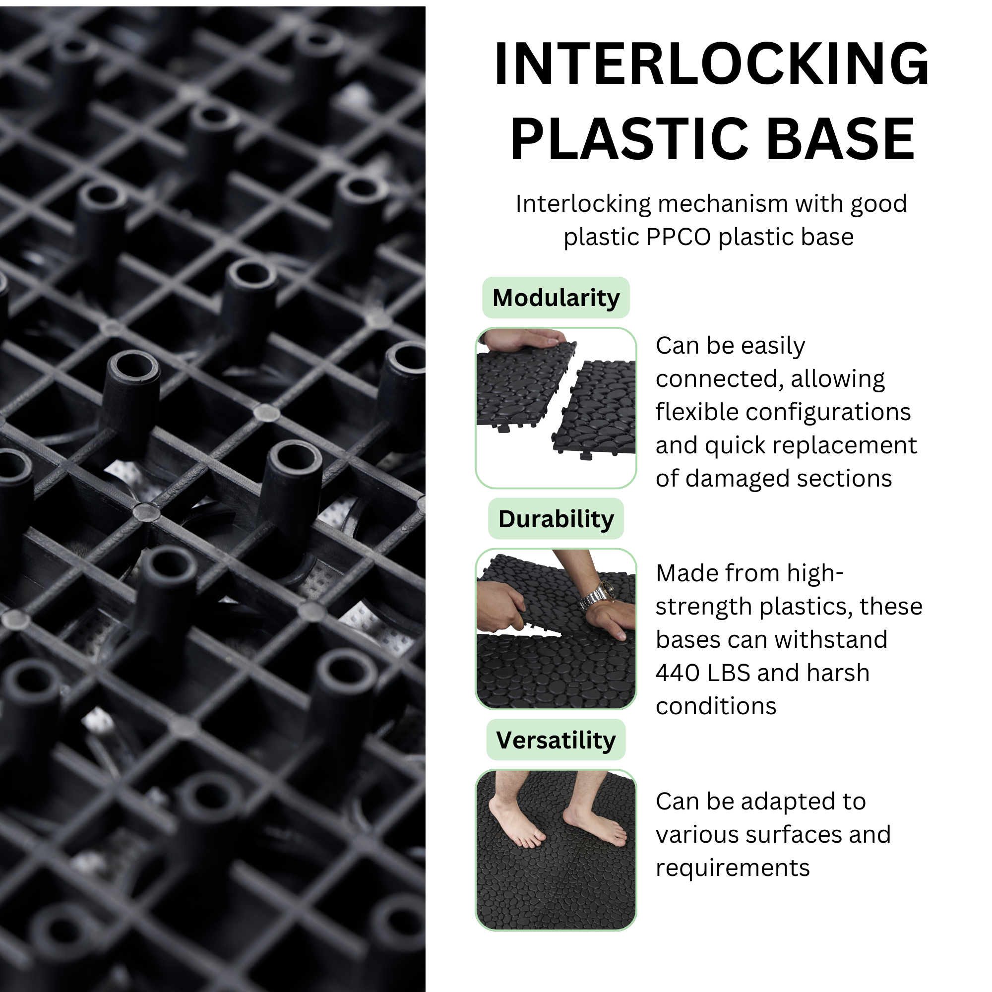 12 x 12 Inch Black Interlocking Deck Tiles Plastic Waterproof Outdoor All Weather Anti-slip Bathroom Shower Balcony Porch Strong Weight Capacity Upto 440 LBS, Pebble Stone Pattern Pack of 12