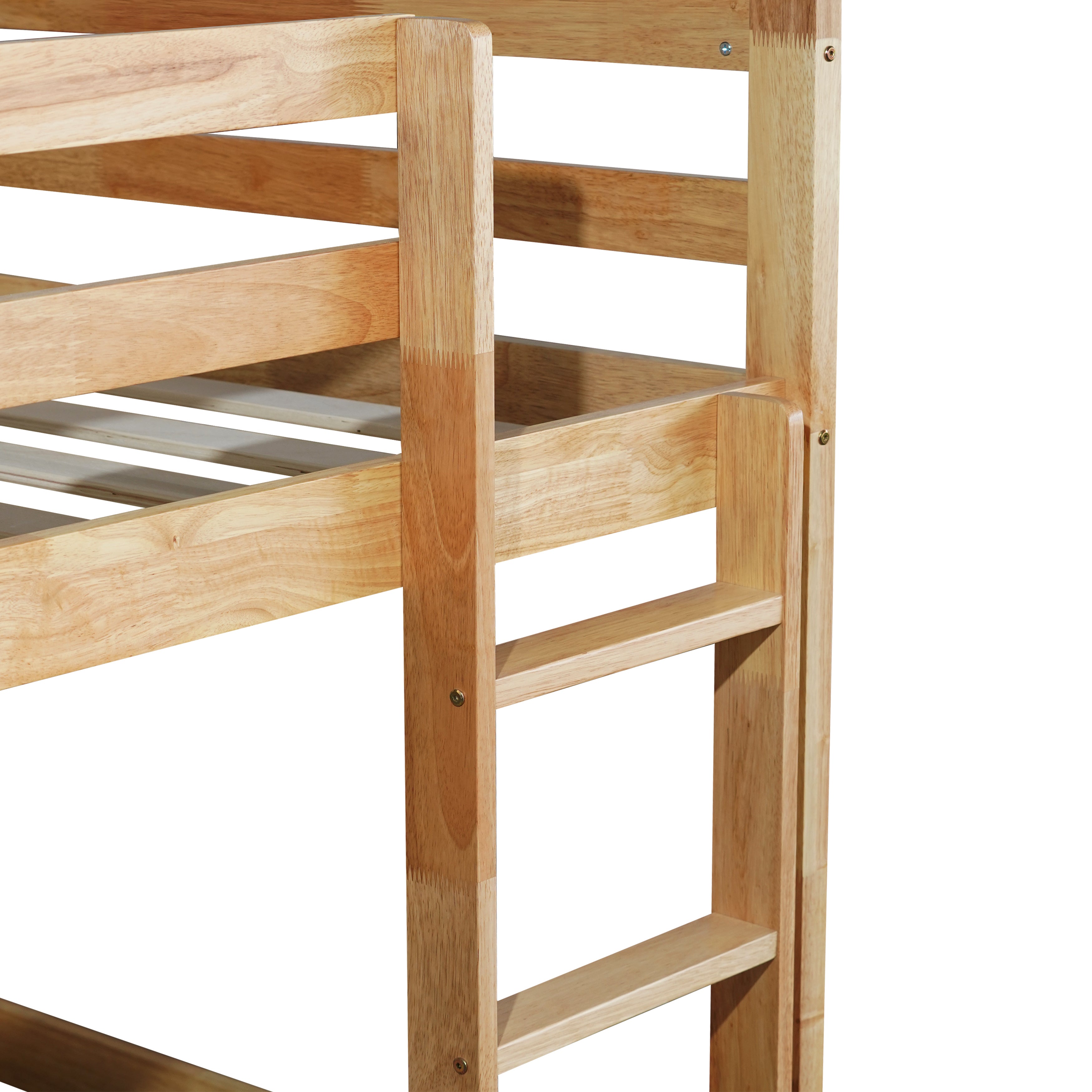 Twin over twin natural wood bunk bed side profile showing ladder