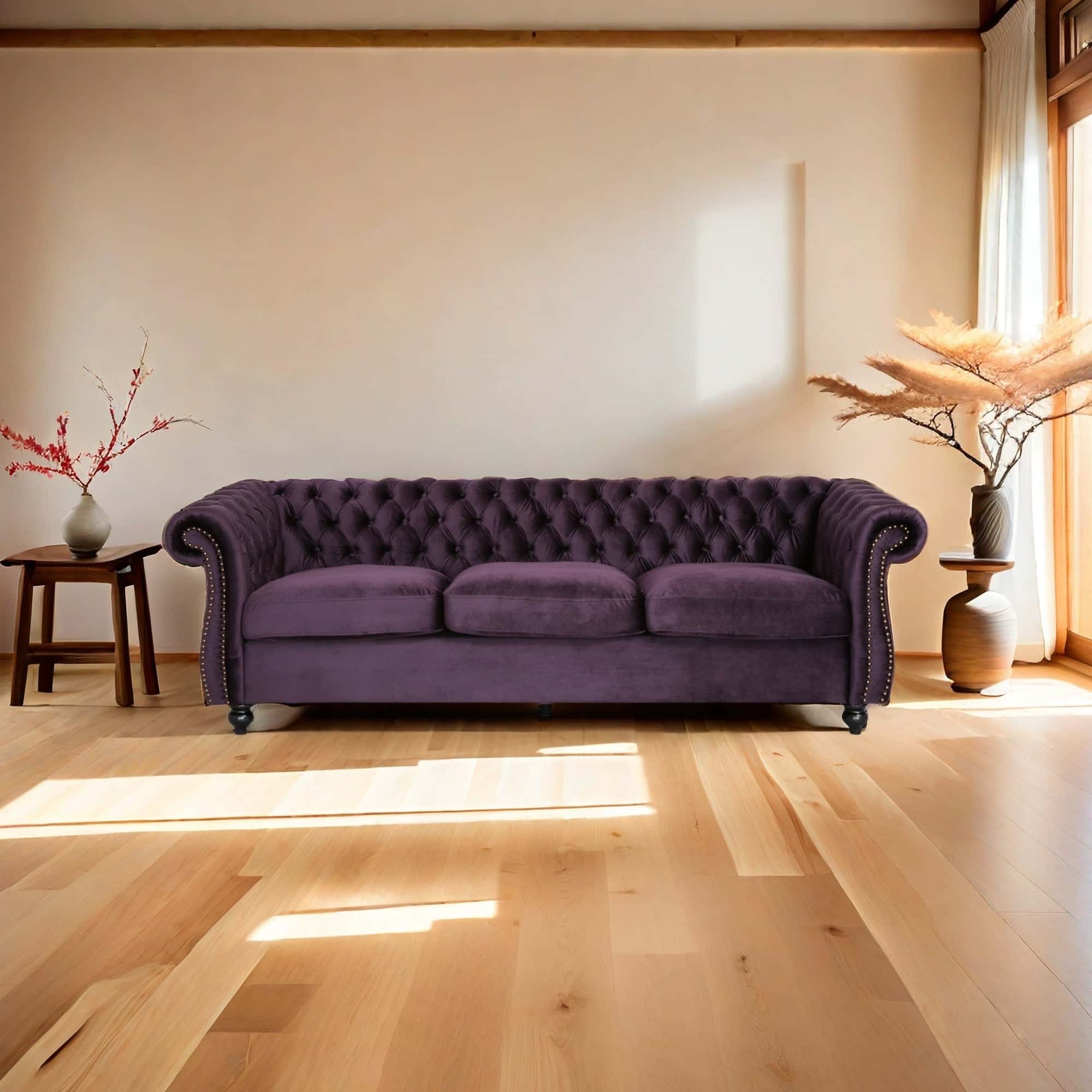 Luxurious 3-Seater Purple Velvet Sofa, Featuring a Classic Design with Modern Elegance, Perfect for Adding Sophistication and Style to Any Living Room, Plush Comfort and Durable Craftsmanship