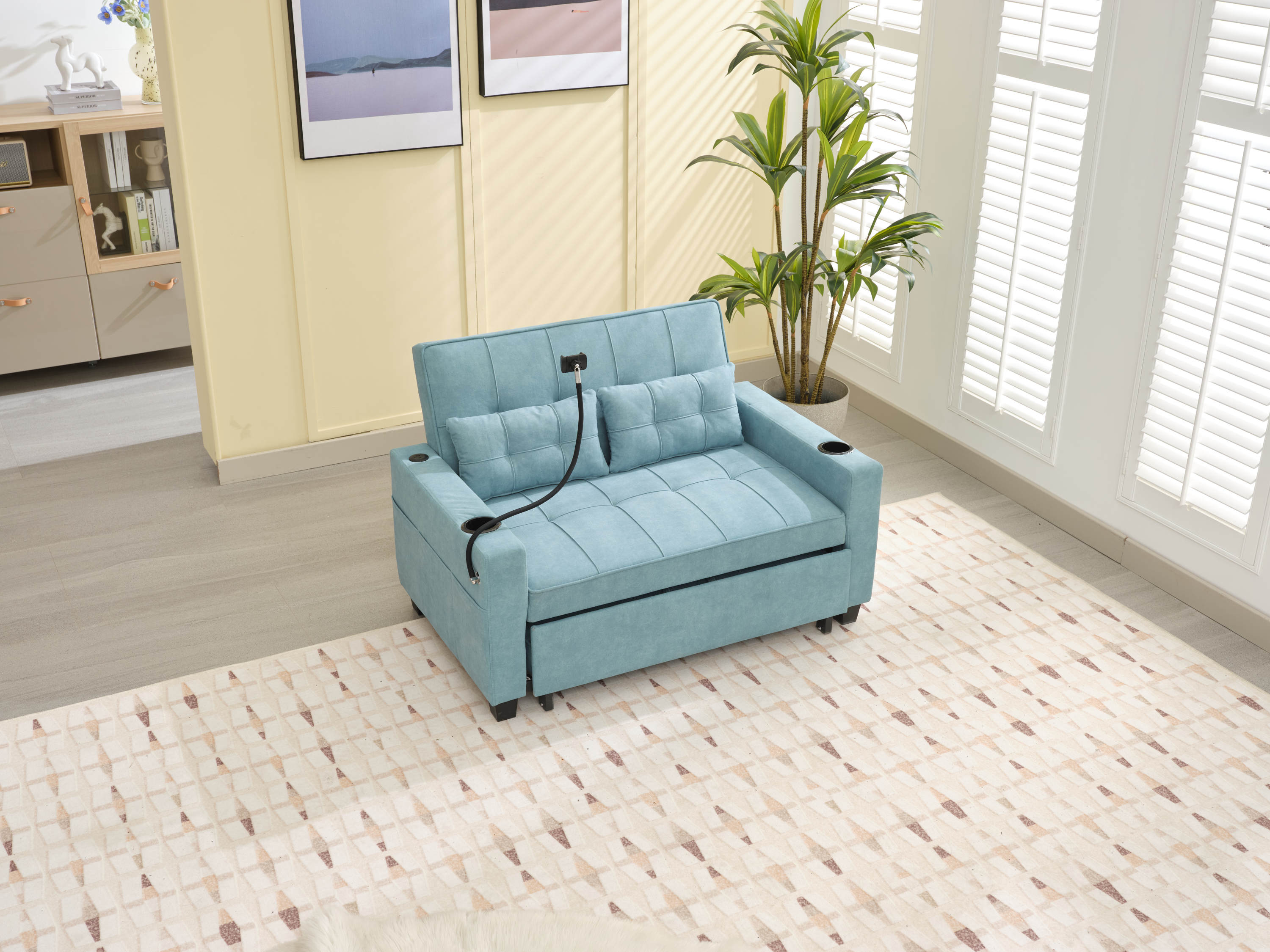 Futon Chair Bed Convertible Chair 3-in-1 Pull Out Sleeper Chair Beds with USB Ports,Wear-resistant and Anti-scratch, Armchair Bed Sleeper for Living Room (Green Tech cloth)