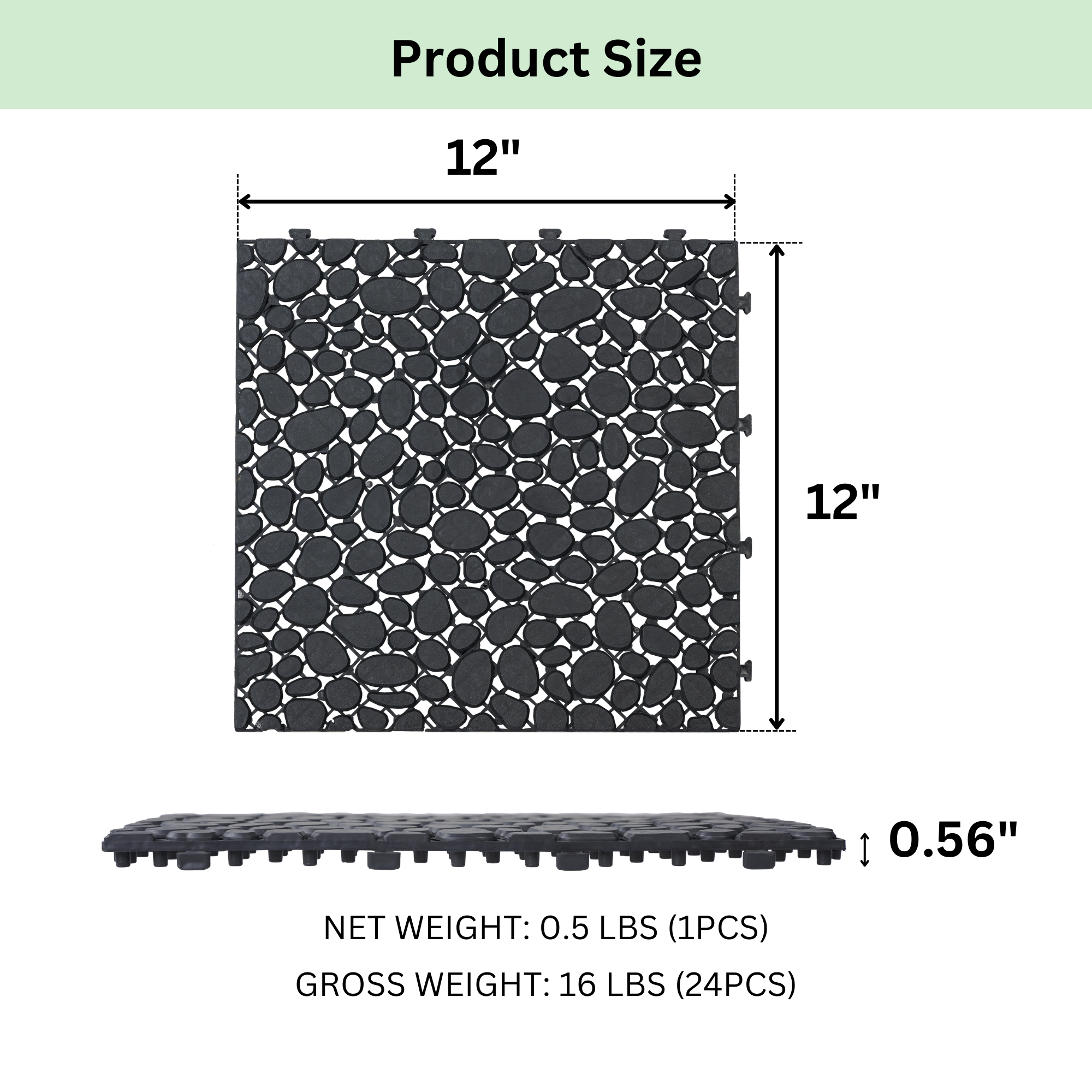 12 x 12 Inch Black Interlocking Deck Tiles Plastic Waterproof Outdoor All Weather Anti-slip Bathroom Shower Balcony Porch Strong Weight Capacity Upto 440 LBS, Pebble Stone Pattern Pack of 24