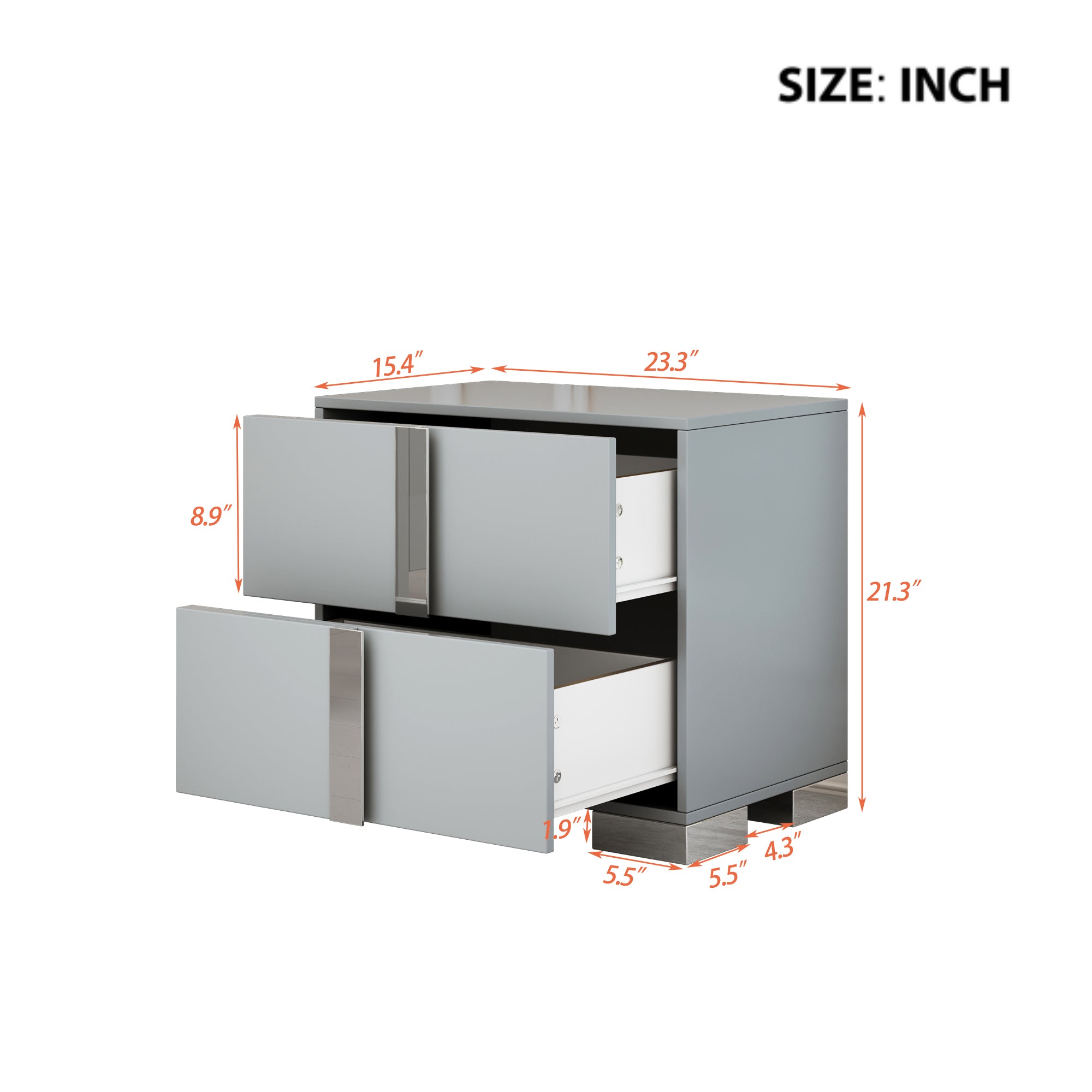 Gray mirrored bedside table with 2 drawers, close-up finish detail