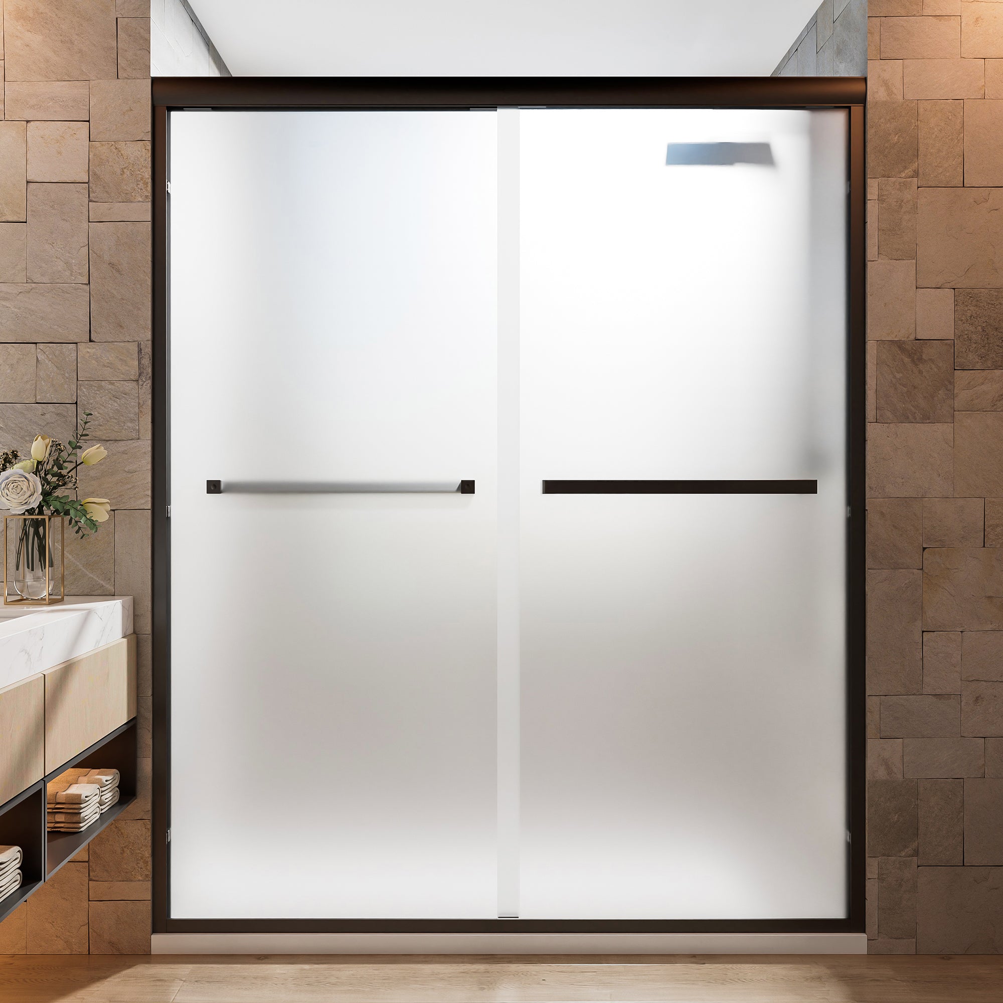 44-60 x 72 in Frosted Framed Double Sliding Shower Door - 56-60 x 72 in / Frosted Glass / Matte Black view 1