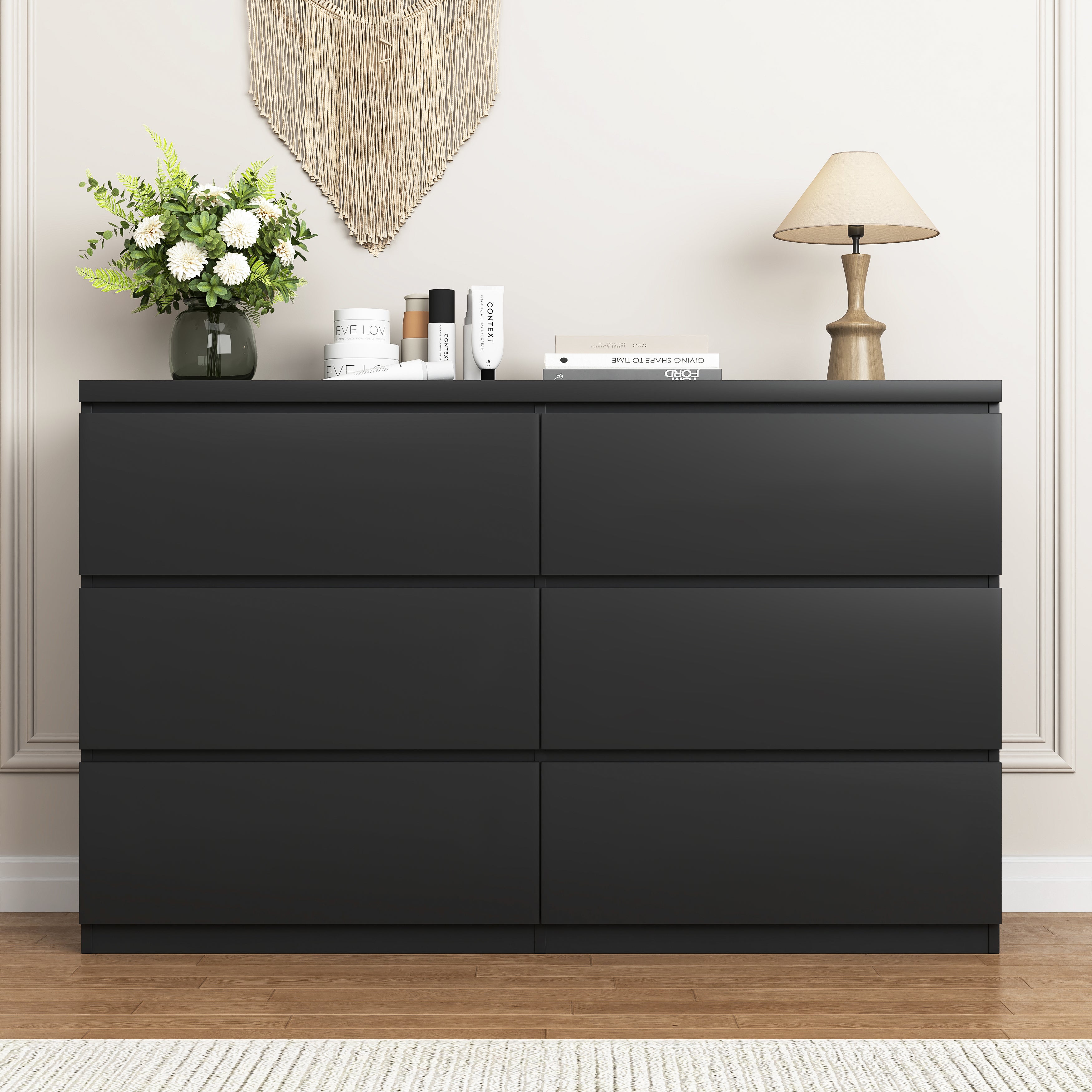 6-drawer wide wood dresser chest of drawers, front view