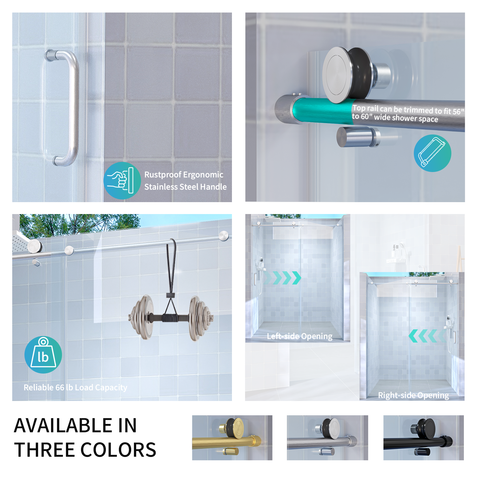 Frameless sliding shower door 56-60 inch brushed nickel tempered glass panel
