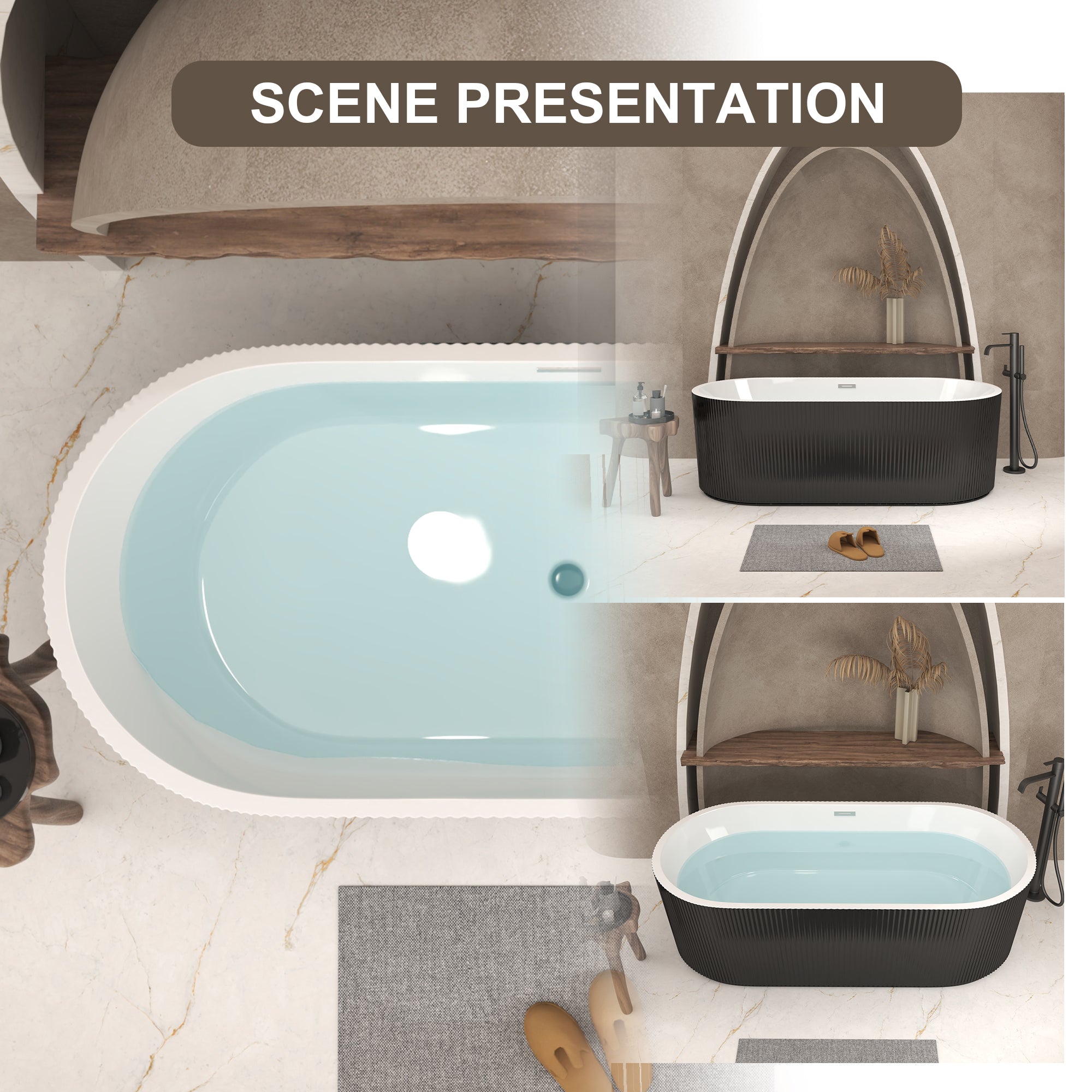 67 inch linear acrylic soaker tub in glossy black, end profile view